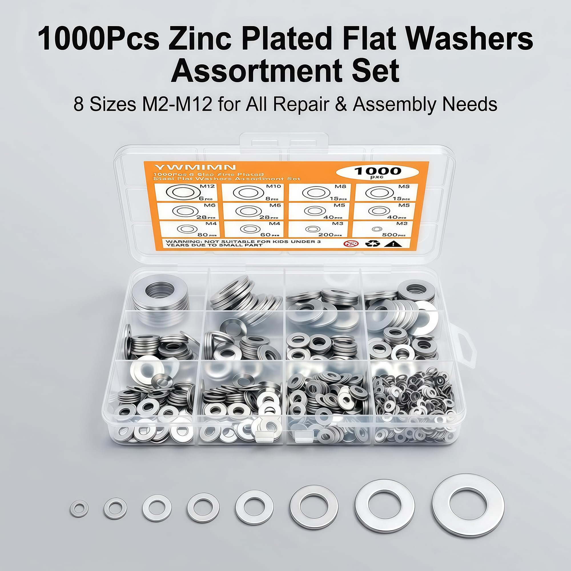 1000 Flat Washers Kit - Zinc Plated Steel Hardware -3 1000 Flat Washers Kit - Zinc Plated Steel Hardware -3