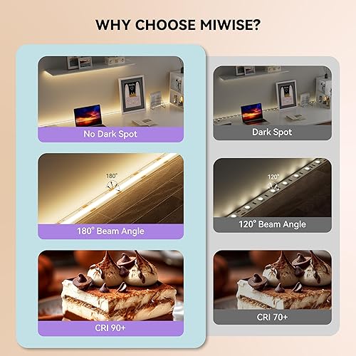 Miniatura 2 de MIWISE Tira LED COB, 3000K blanco cálido 32.8 pies32.8 ft, tira de luz LED súper brillante regulable de 24 V, cinta flexible CRI 90+ con función de