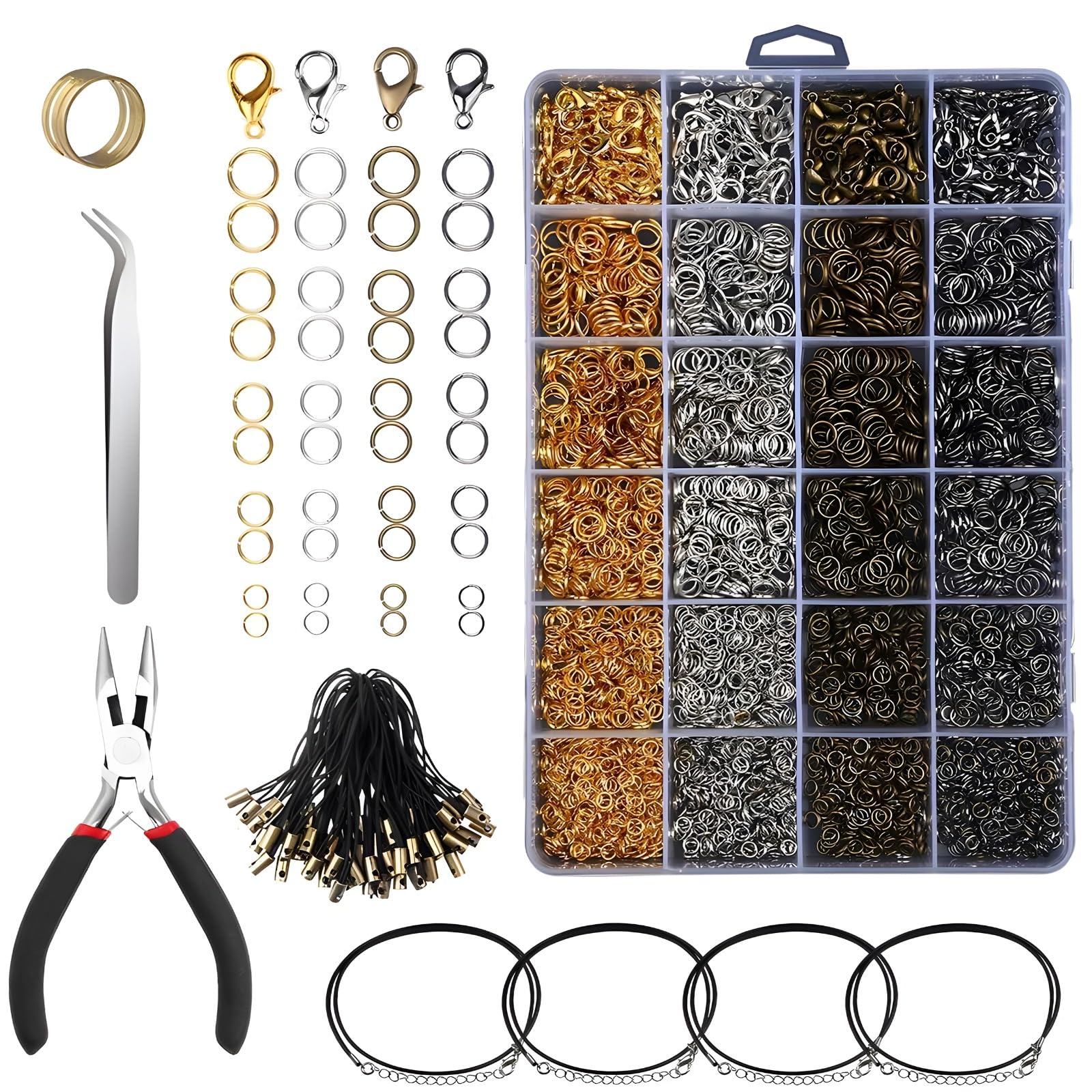 Jump Rings Set für Schmuckherstellung, offene Biegeringe in 4 Farben mit Schmuckzangen-Werkzeugen, Reparaturset mit Ketten und Verschlüssen, DIY-Schmuckzubehör