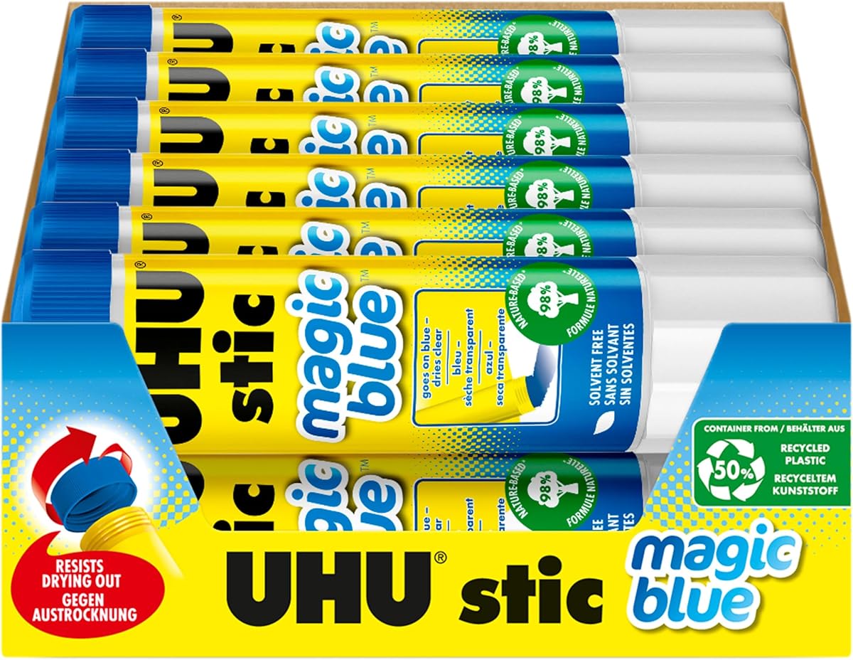 UHU Colored Glue Stick, 0.74oz Blue, rubs on Blue & Dries Clear, Washable, Solvent Free, Screw on Cap, Pack of 12, 9U 99602