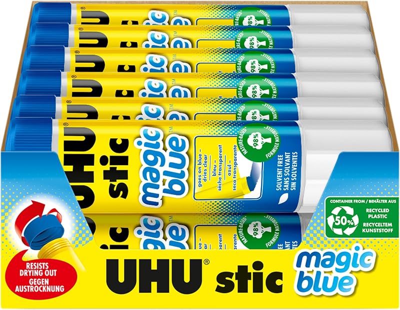 UHU Colored Glue Stick, 0.74oz Blue, rubs on Blue & Dries Clear, Washable, Solvent Free, Screw on Cap, Pack of 12, 9U 99602