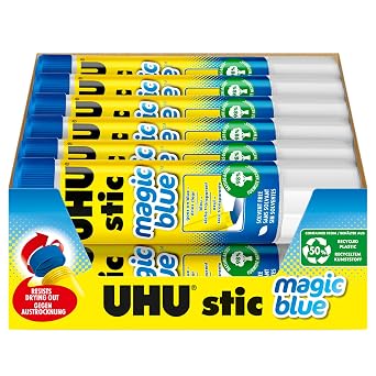 UHU Colored Glue Stick, 0.74oz Blue, rubs on Blue & Dries Clear, Washable, Solvent Free, Screw on Cap, Pack of 12, 9U 99602