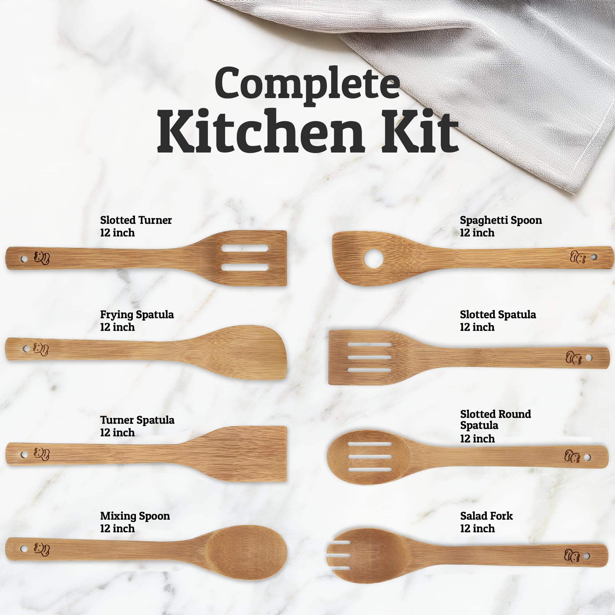 PriorityChef - Cucharas de madera para cocinar, 8 utensilios de cocina de bambú antiarañazos, juego de utensilios de madera no tóxicos, fácil de limpiar, juego de utensilios de cocina para uso diario