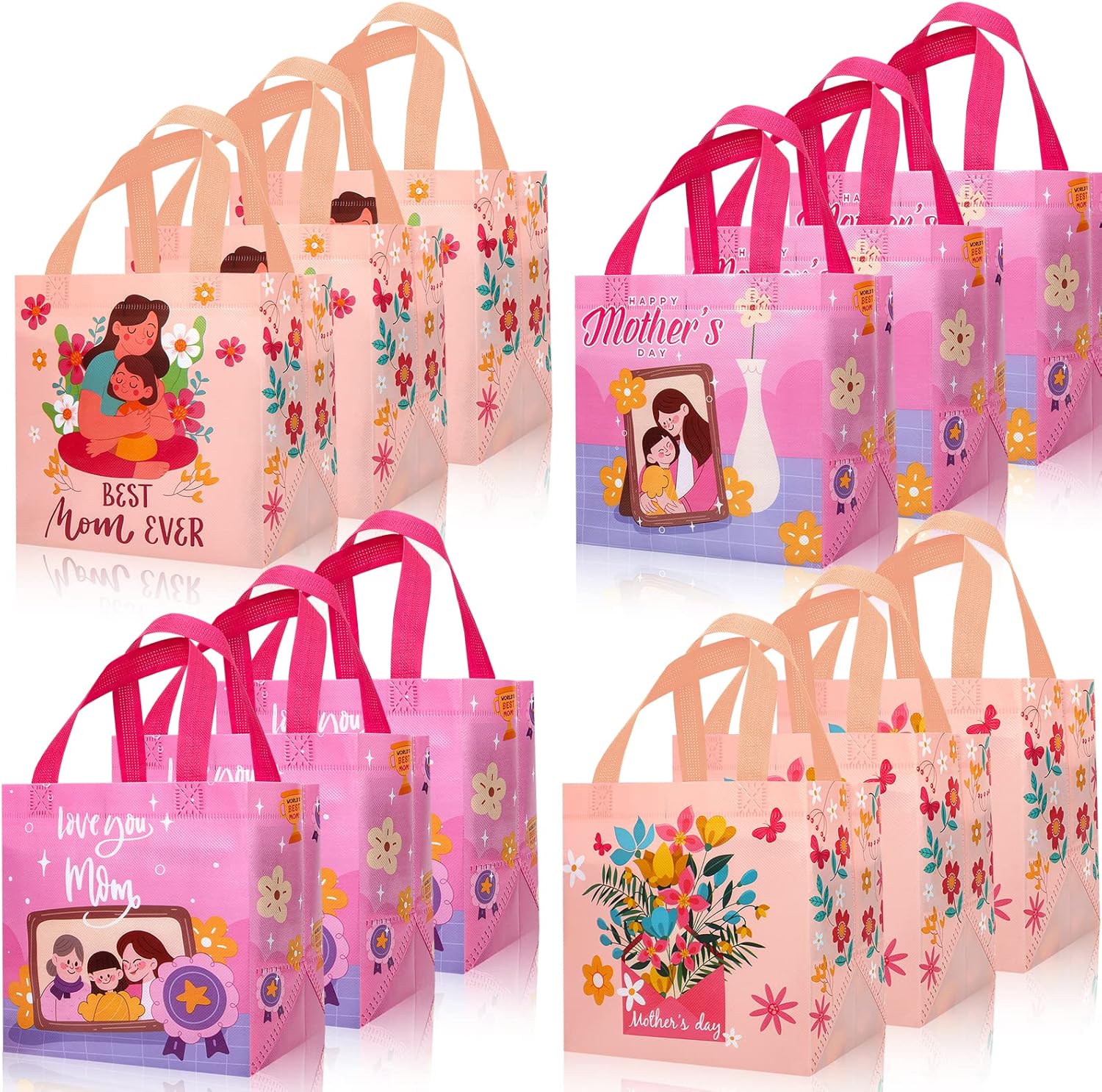 HOWAF 12pcs Mother's Day Gift Bags,Best Mom Floral Non