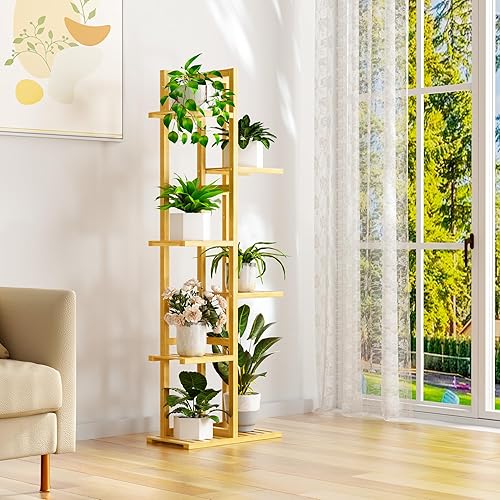 Miniatura 6 de Soporte de bambú de 6 niveles para plantas de interior, soporte alto de madera para flores, estante de esquina para múltiples plantas (natural)
