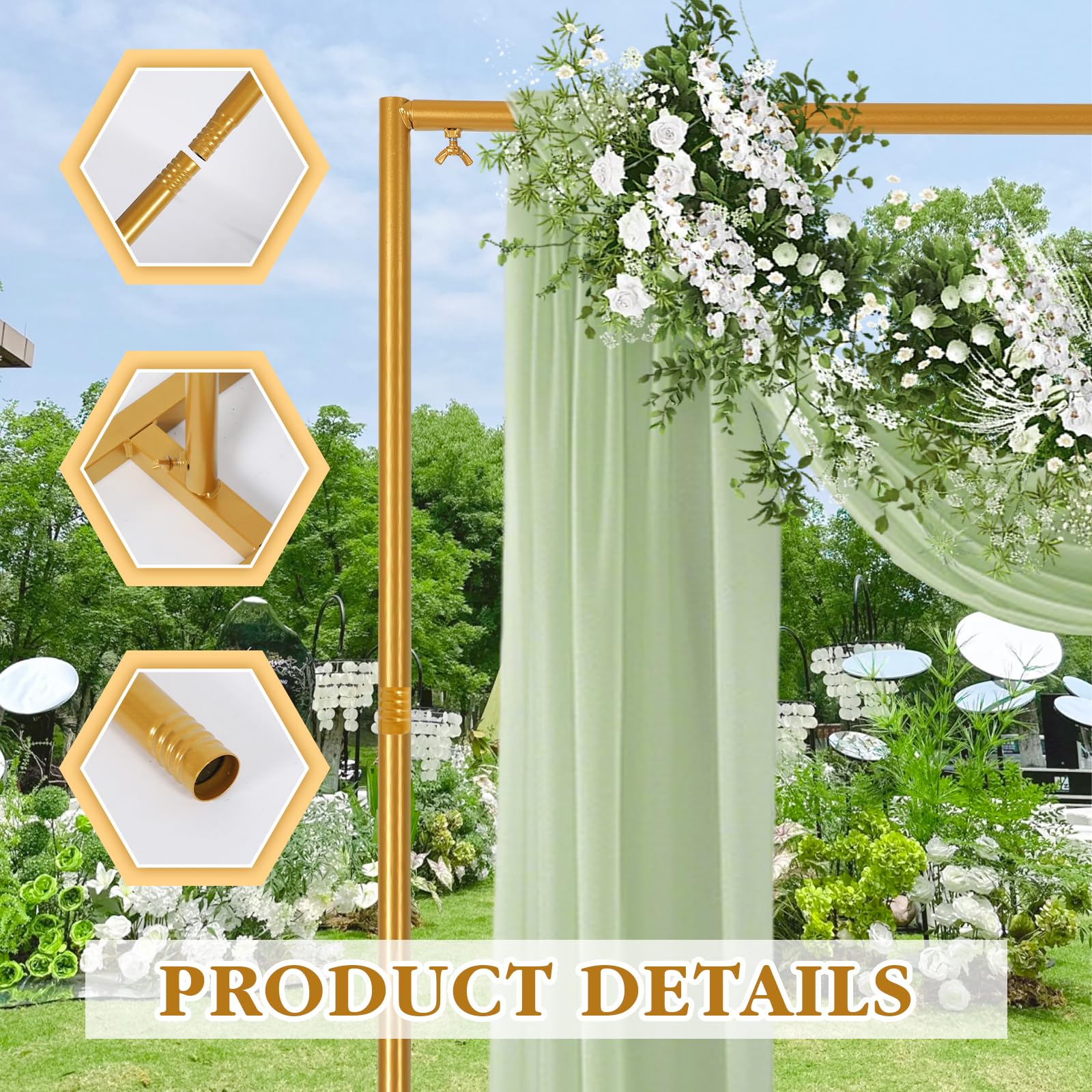 Arco de metal para boda, 2,5 x 2,5 m, ajustable, arco de fondo con base, jardín dorado para aniversario, cumpleaños, fiesta, fondo (6,6 x 6,6 ft)