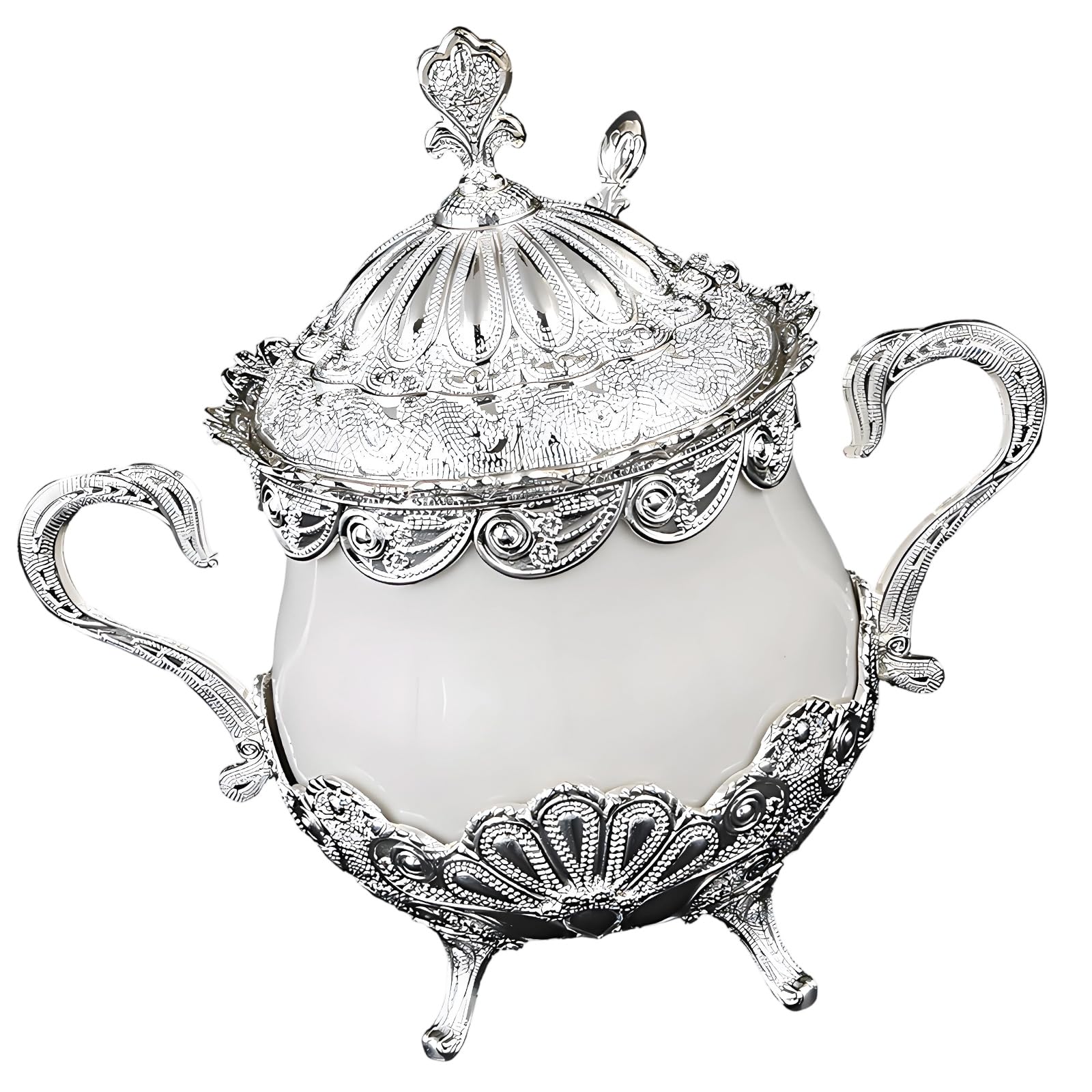 Whoasyst Classical Metal and Glass Sugar Jar Seasoning Storage Container with Lid Spoon Condiment Bowl Countertop Organization Sugar Jar with Spoon