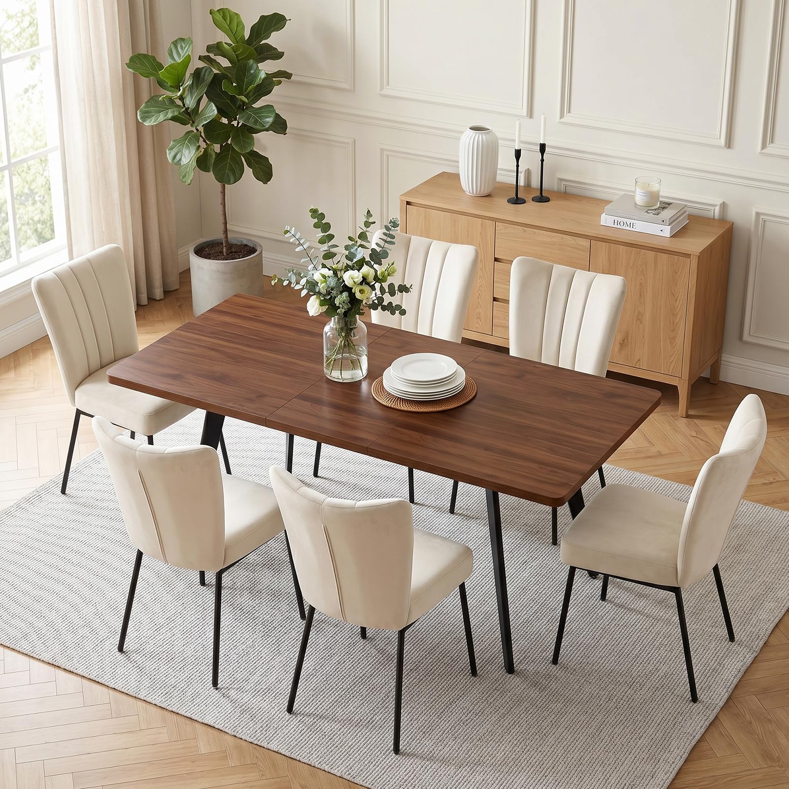 JIEXI Ausziehbares Esstisch-Set mit 6 Stühlen, platzsparender MDF-Tisch und stabilem Metallgestell, ideal für Esszimmer, Küchen und Wohnungen – Tisch in Nussbaum + Stühle mit beigem Samtbezug
