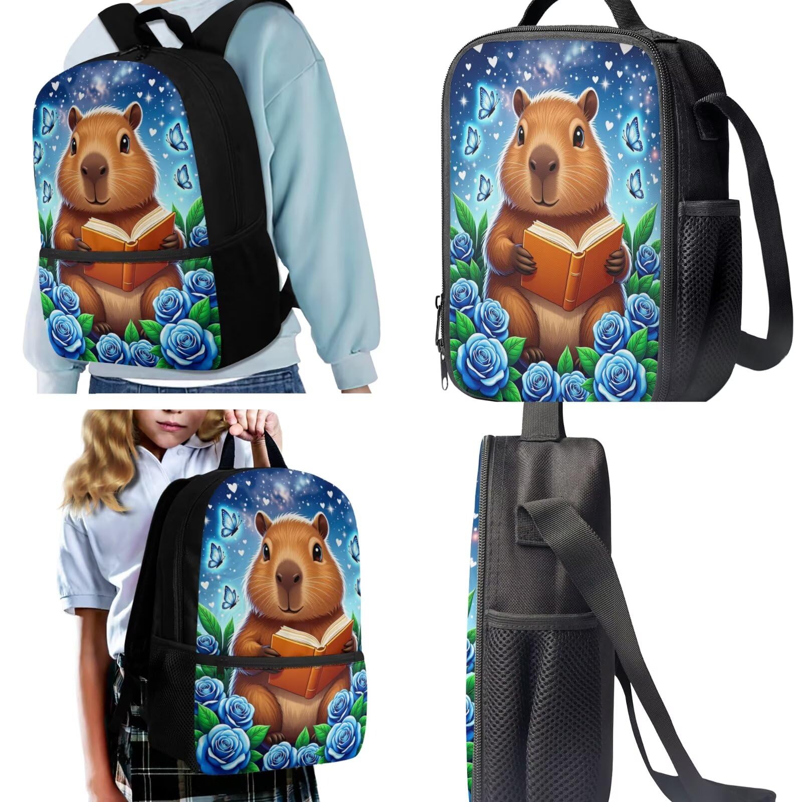 3-in-1-Rucksack für Kinder, Jungen, Schultaschen-Set mit isolierten Lunch-Taschen, Stifthalter, Schultaschen-Sets, Süße Capybara-Rose, One Size, Schulranzen-Set