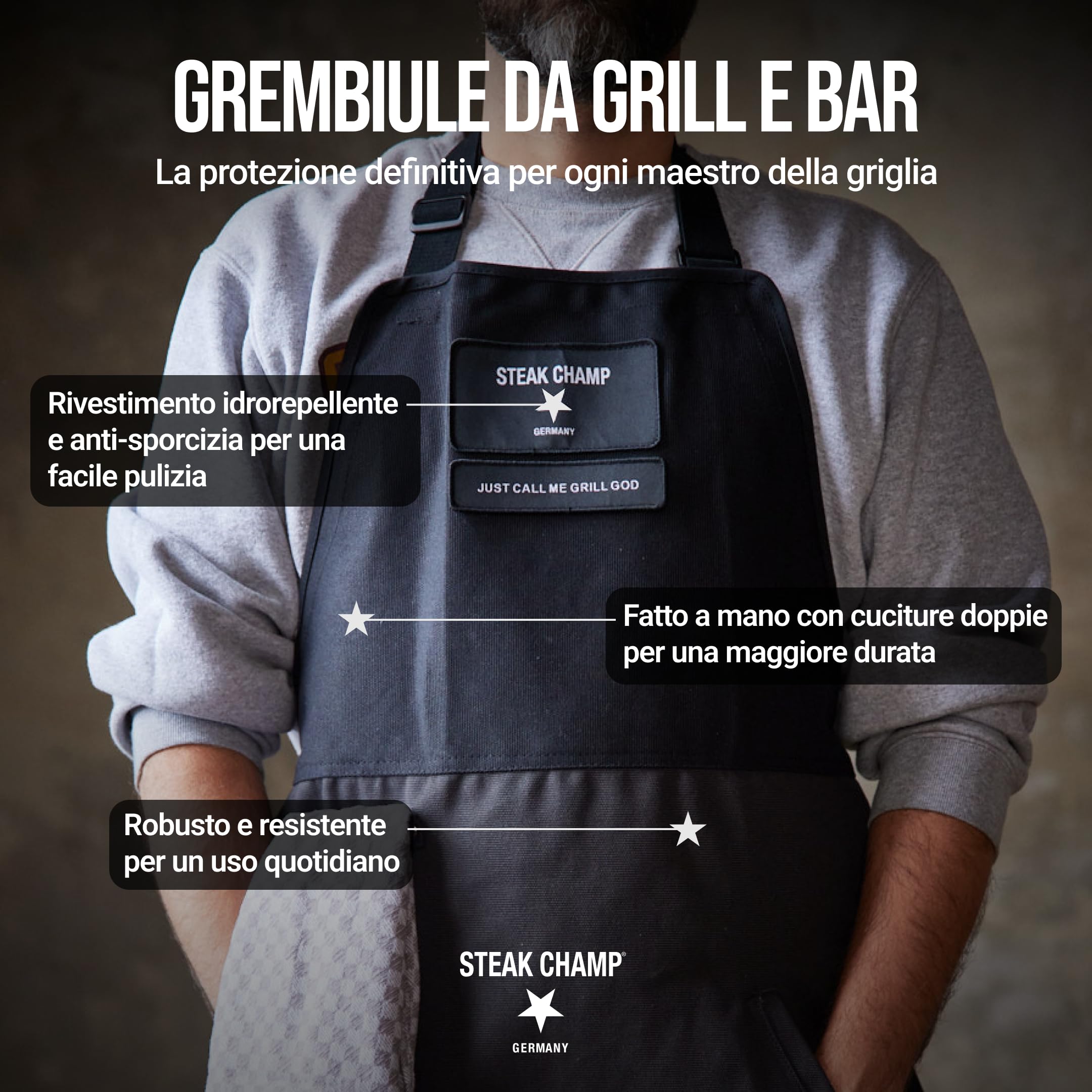Steakchamp Grembiule da Griglia e Bar: Grembiule Robusto per Cucina e Griglia, Regolabile, con Trattamento Resistente allo Sporco e all'Acqua, con Toppa Personalizzabile