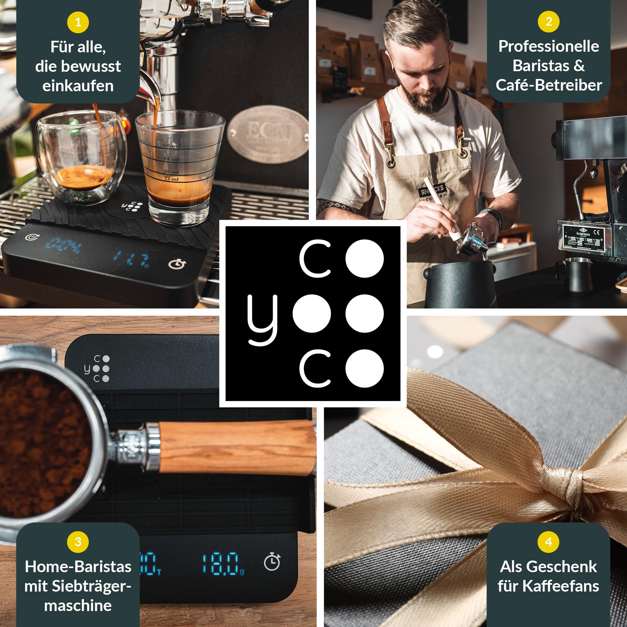 COYOOCO Kaffeewaage mit Timer - 0,1 g Präzision bis 2 kg - spritzwassergeschützte Espresso Waage für Siebträger - 3 Programme & USB-C Schnellladen - Barista Waage inkl. Zubehör