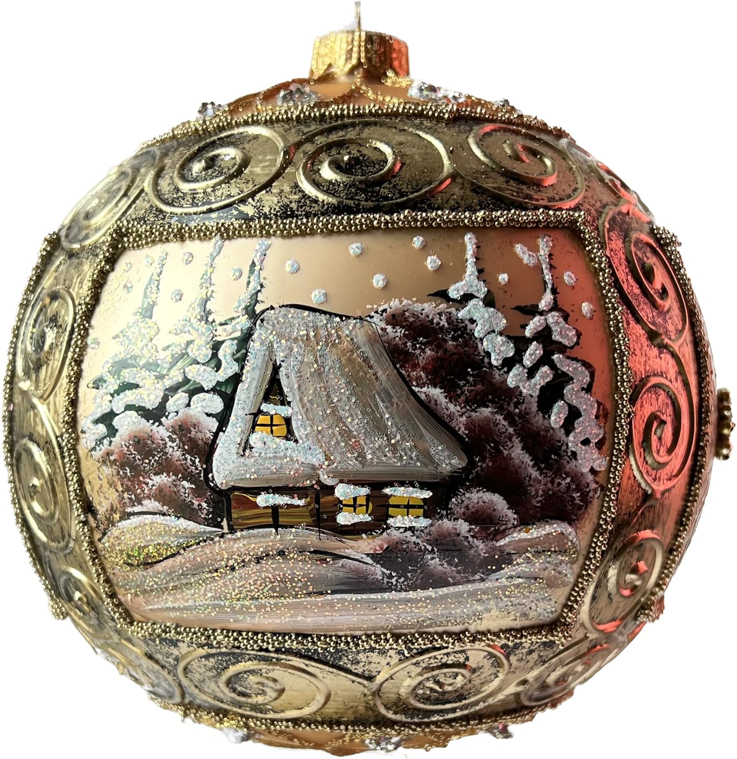 Christmas Ornament Bauble Winter Charm View with Poinsettia, Polish Medium Blown Glass Ball 5 inch Ø/120mm Burgundy Gold Embelishments