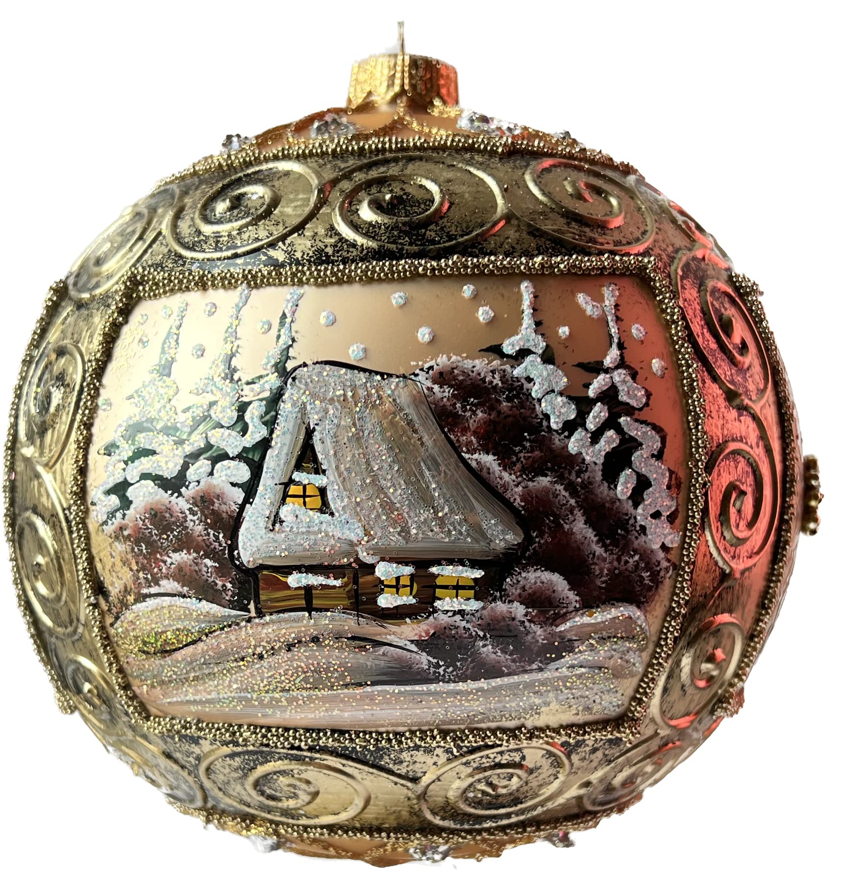 Polish Gallery Christmas Ornament, Winter Charm View with Poinsettia, Blown Glass Ball (150mm / 6 Inch, Gold)