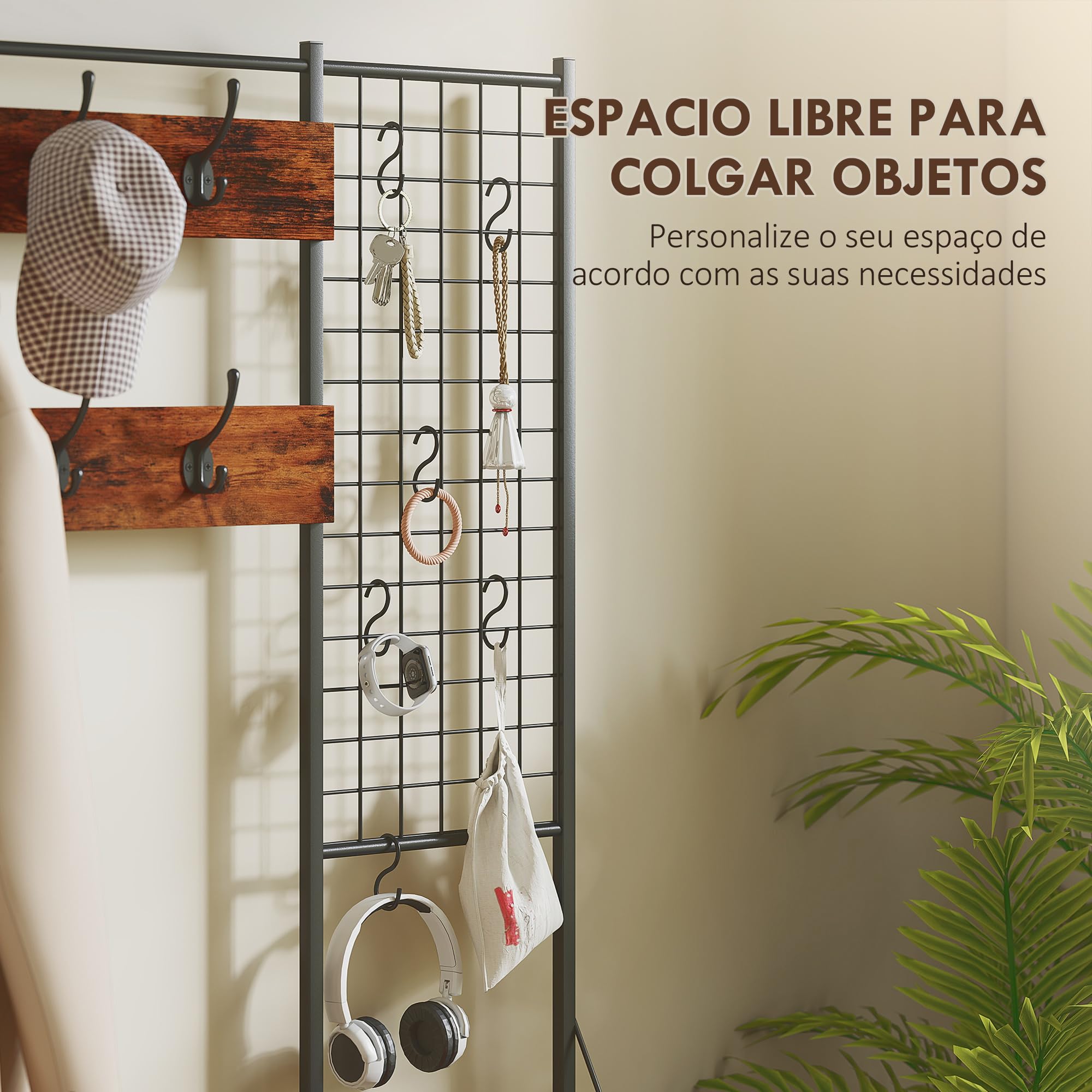 HOMCOM Perchero Zapatero 4 en 1 Recibidor 100x30x183 cm Marrón Rústico | Perchero Entrada, Mueble Recibidor, 14 Ganchos, 7 Cajones Tela, Estante, Estilo Industrial, Pasillo Dormitorio Salón