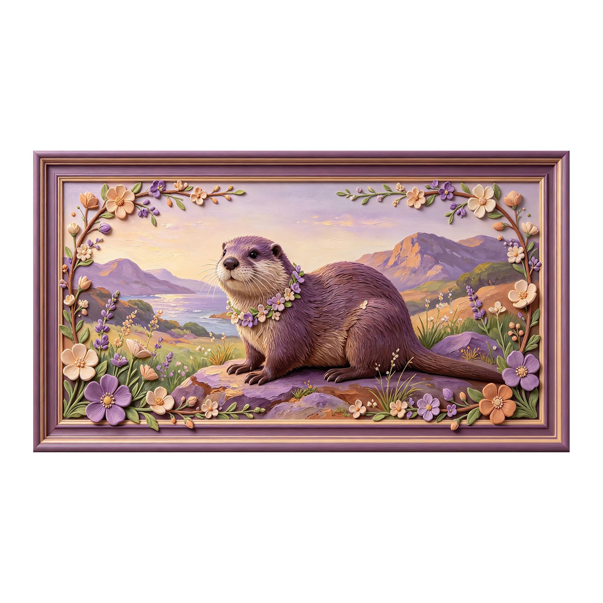 Yzpallescene 3D 3D Framed Wall Art 50cm×90cm Coastal Otter Floral Landscape Oil Painting Large Size SelfAdhesive Removable Wall Decor Prints Artwork for Living Room Bedroom Office