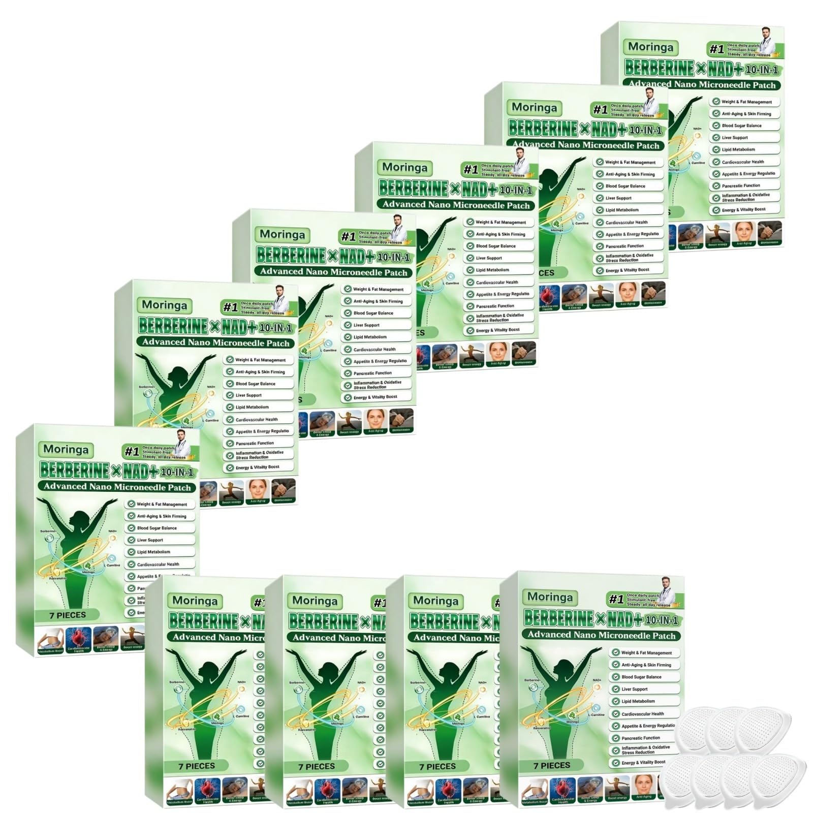 10 in 1 Nano Microneedle Patch, Moringa X Berberine Patch dimagrante naturale per perdita di peso, pancia piatta, facile da applicare, invisibile, uomo e donna