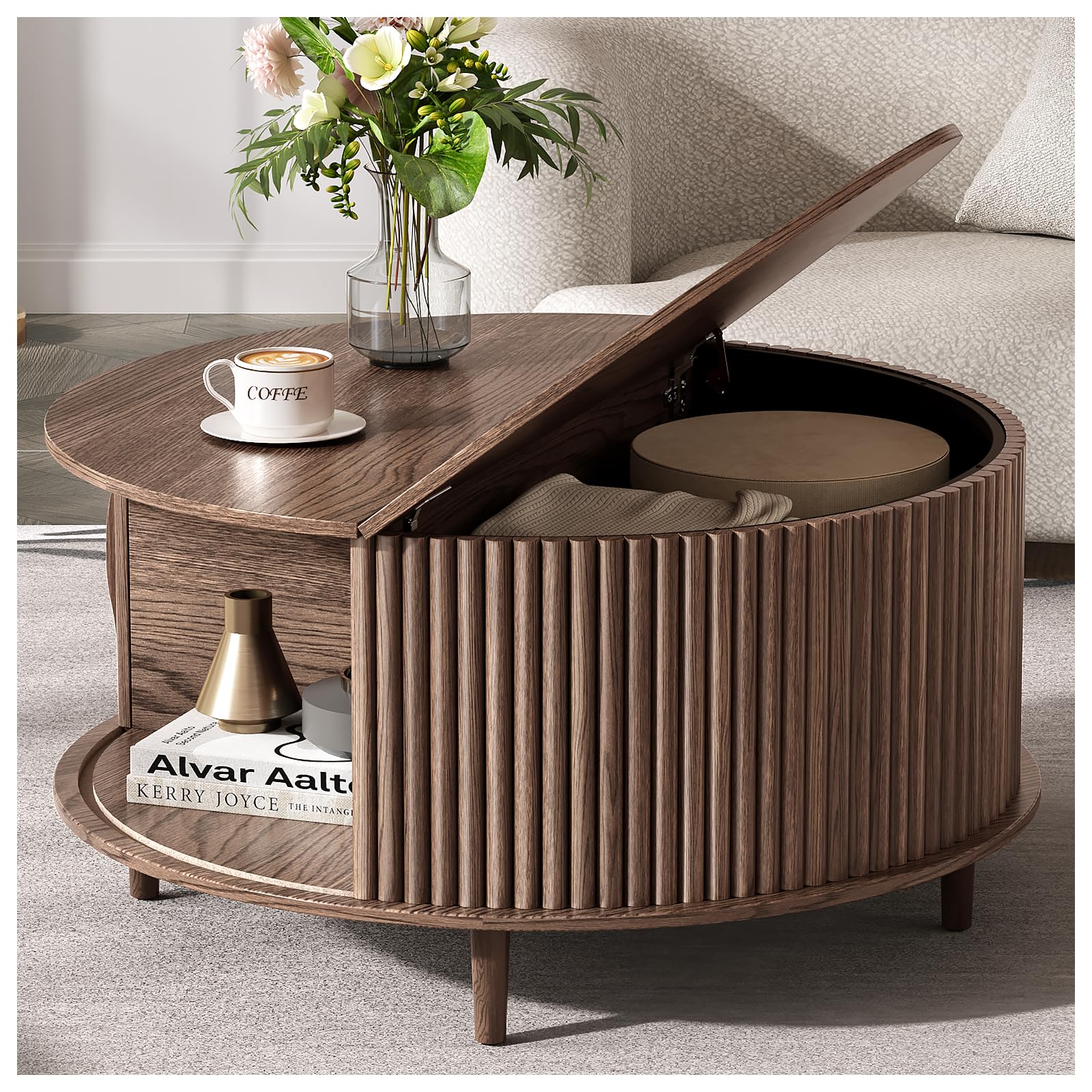 JOINICE,Round Coffee Table with Storage, 31.5" Fluted Center Table for Living Room, Modern Walnut Wood Circle Drum Table with Sliding Cabinet Door, Mid Century Furniture for Small Space