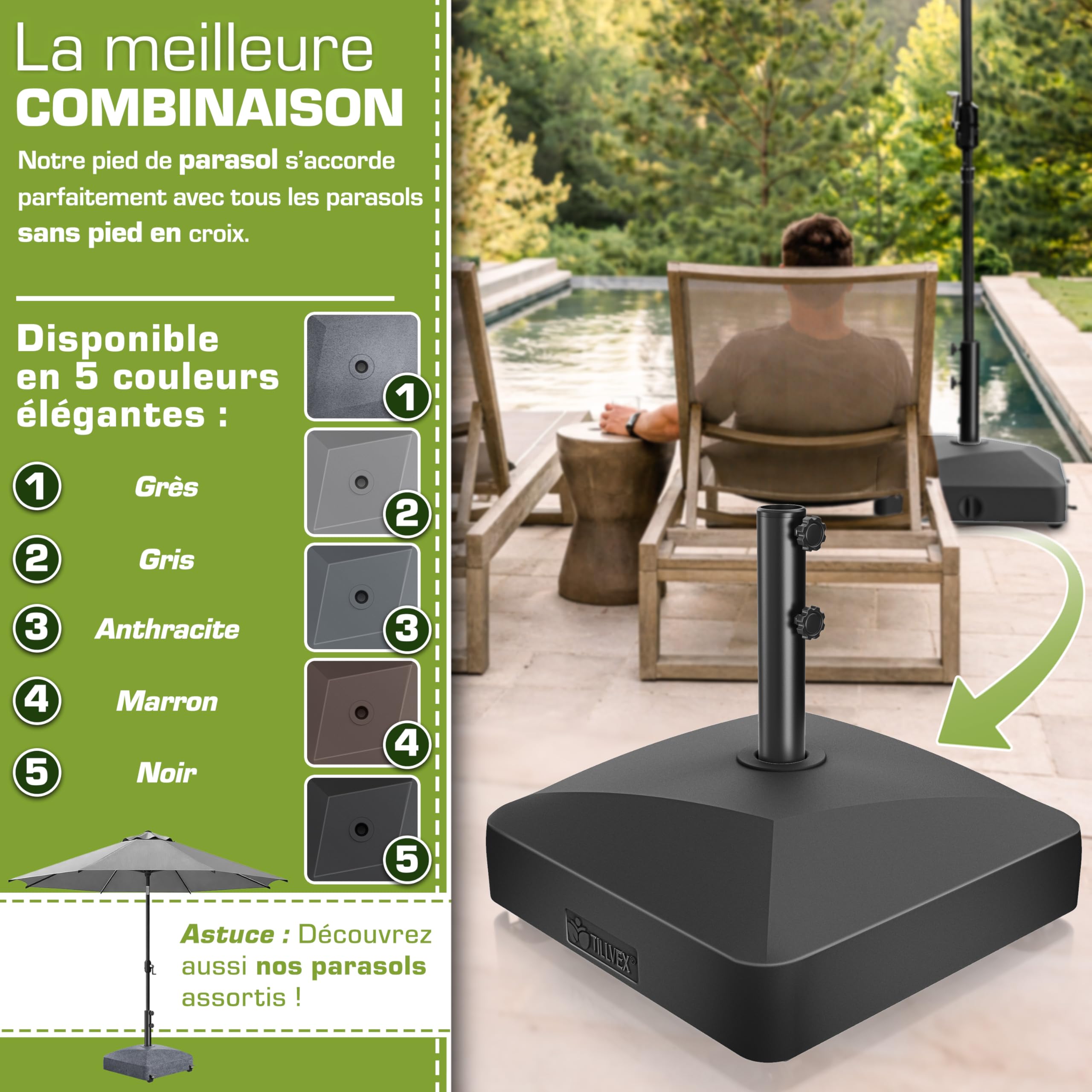 tillvex® Pied de Parasol GRAVIA à roulettes et Freins | Support de lestage Parasol à remplir 37L/56kg | Poids pour Parasol Droit et de marché Ø1,8-3,7m | Résistant aux intempéries et UV (Noir)
