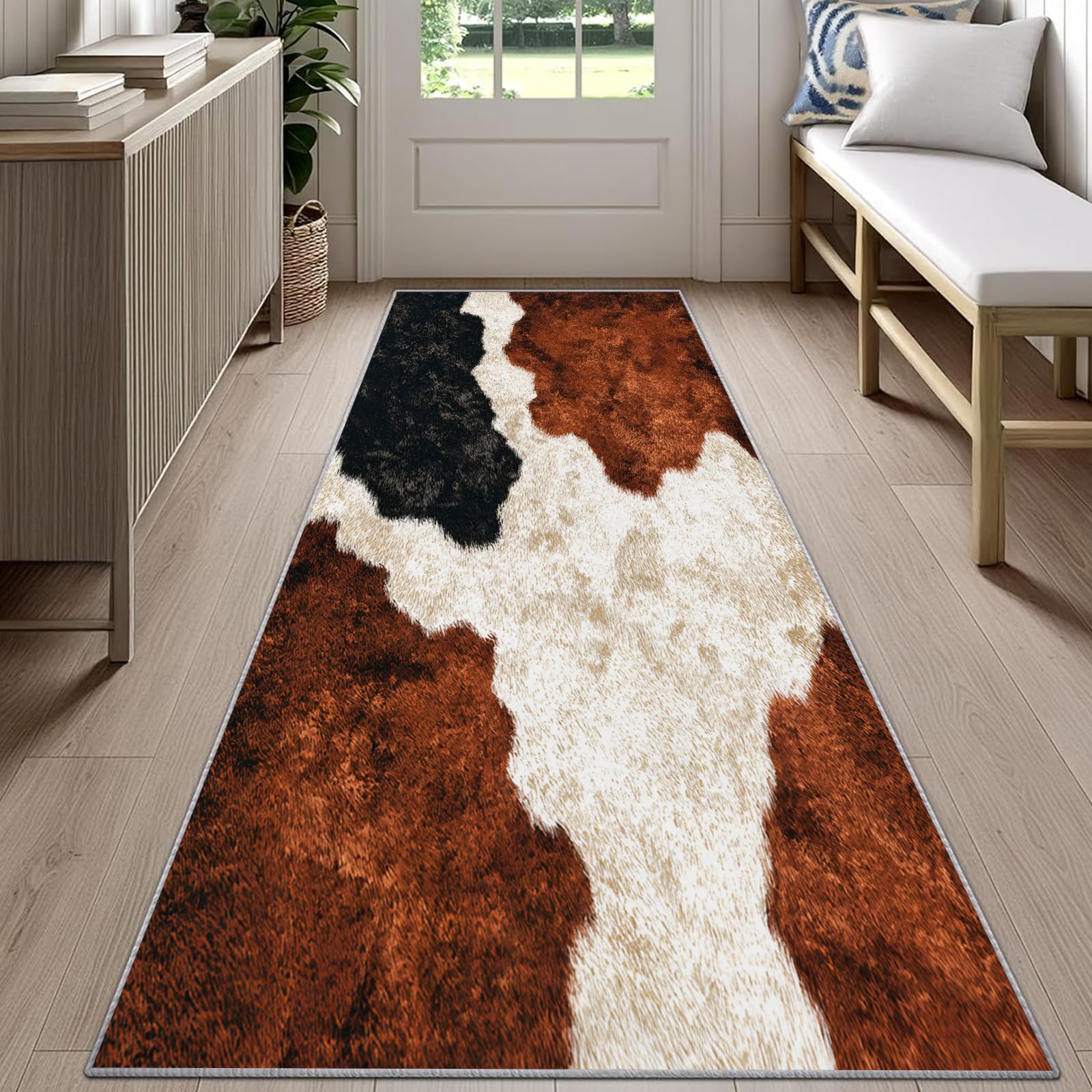 Cowhide Runner Rug for Entryway 60x120cm Rustic Cow Print Carpet Runner, Western Cowhide Long Narrow Rug, Washable Non-Slip Carpet for Kitchen Hallway Laundry