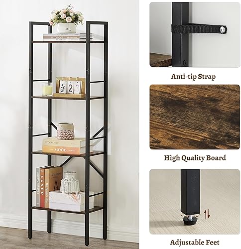 Miniatura 4 de Tajsoon Estantería de escalera industrial de 4 niveles, estantería estrecha y alta con madera, estantería delgada independiente para oficina en