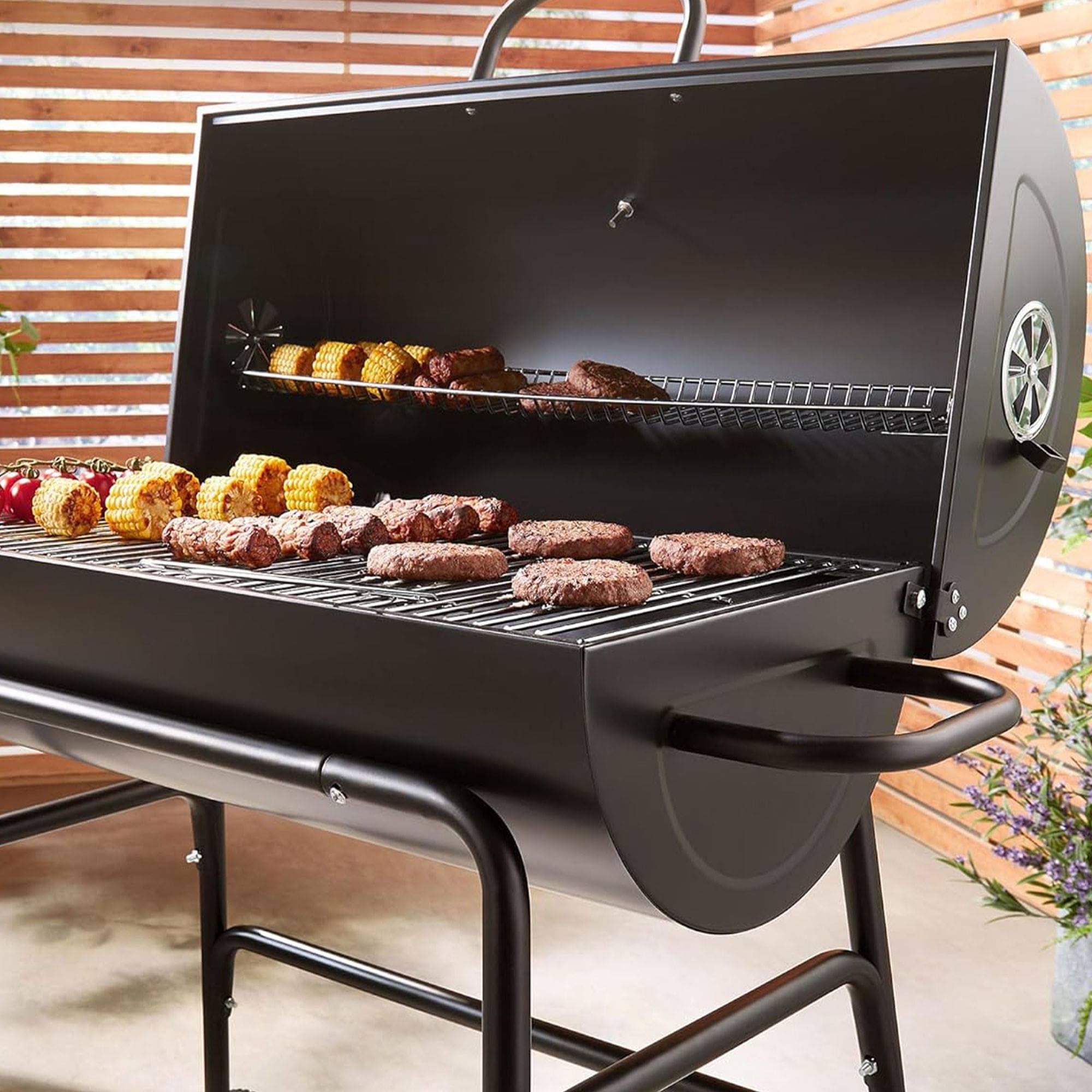 Well Home Barbacoa de cilindro con ruedas, color negro y parrilla de cocción chapada H.97cm