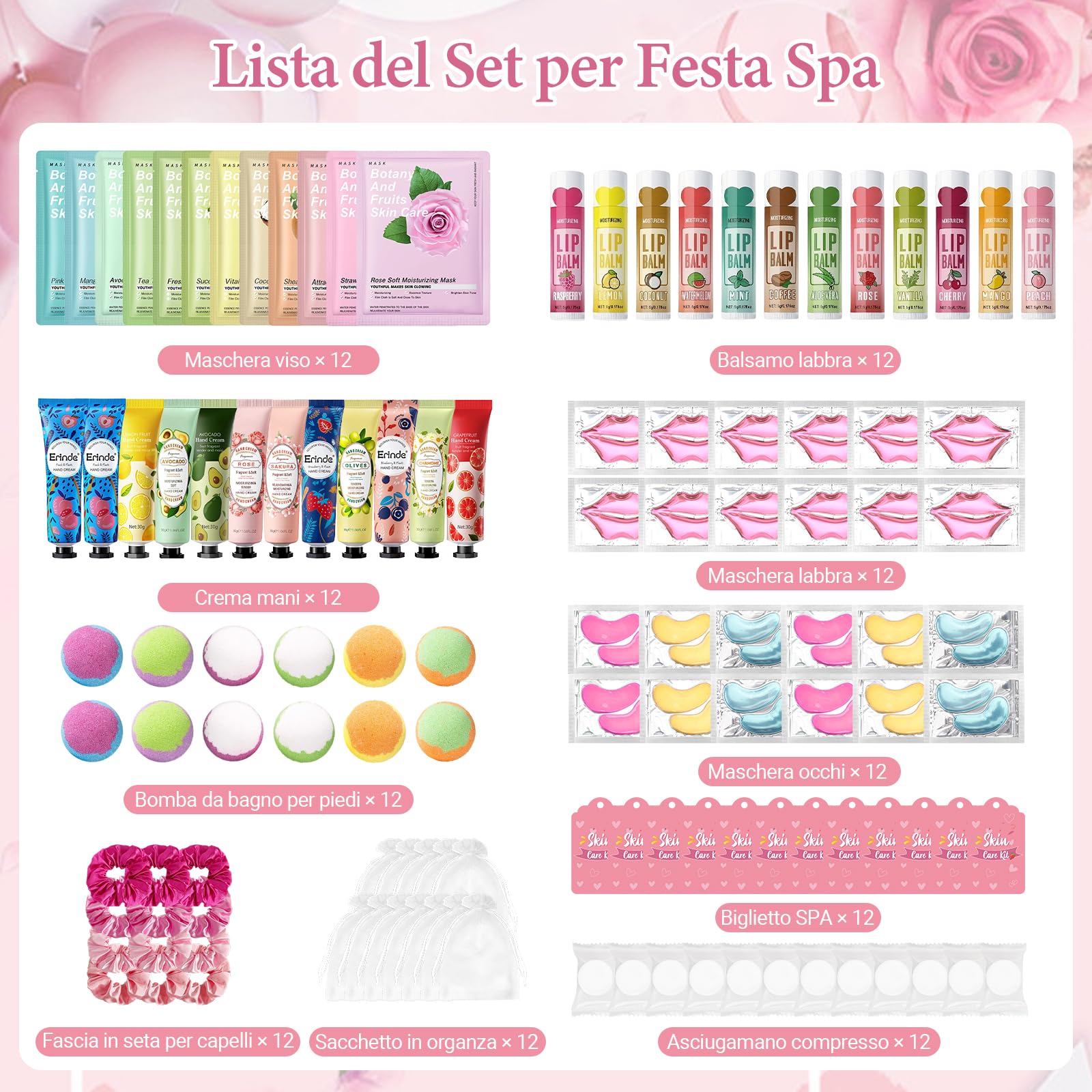 Erinde Set Spa Party da 120 Pezzi per Ragazze, Idee Regalo Donna, Accessori Spa con Maschere Viso per la Cura della Pelle, Crema Mani, Balsamo Labbra e Maschera Labbra, Set Regalo per Donne