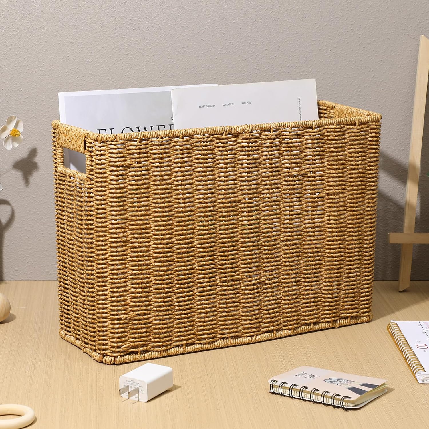 STOBAZA Woven Basket with Handles Magazine Book Storage Basket Bin for Home Office, Handwoven Narrow Basket for Books, Newspaper, File and Mail - 38.00X26.00X15.00CM