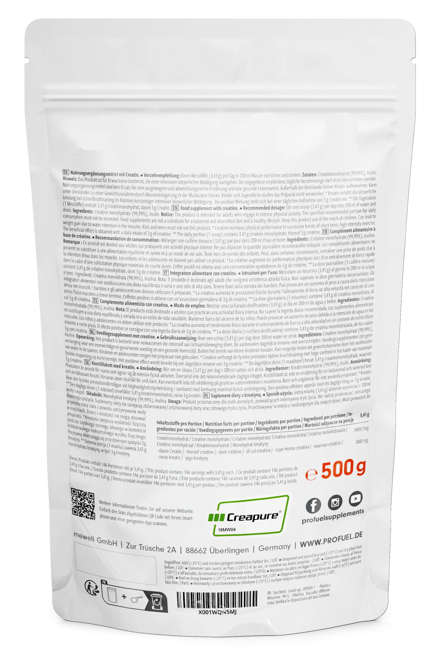 Creapure® Creatin Monohydrat Pulver 500g - das Premium Creatine aus Deutschland - extra hochdosiert für Fitness & Kraftsport - hochwertiges Kreatin 100% Made in Germany - laborgeprüft & 100% vegan