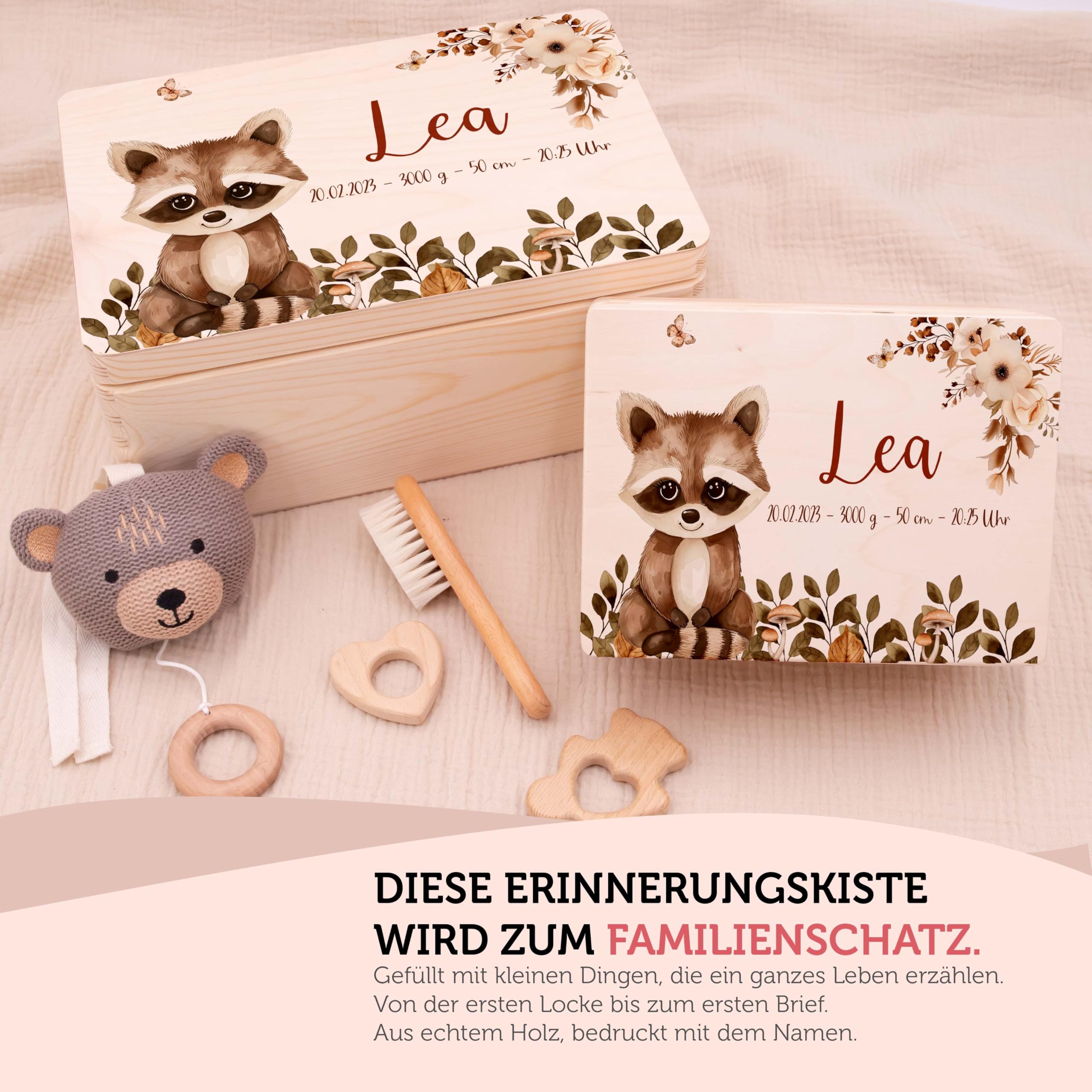 Erinnerungsbox Baby - Personalisierte Geschenke mit Namen | Holzkiste mit Deckel bedruckt mit Schadstofffreie Latextinte - Geschenke zur Geburt & Taufgeschenke für Mädchen & Jungen
