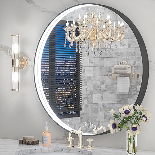 Miniatura 3 de Vosuja Espejo de baño LED redondo de 24 pulgadas con luces, marco negro circular incrustado, diseño de tira de luz moderna, 3 opciones de color