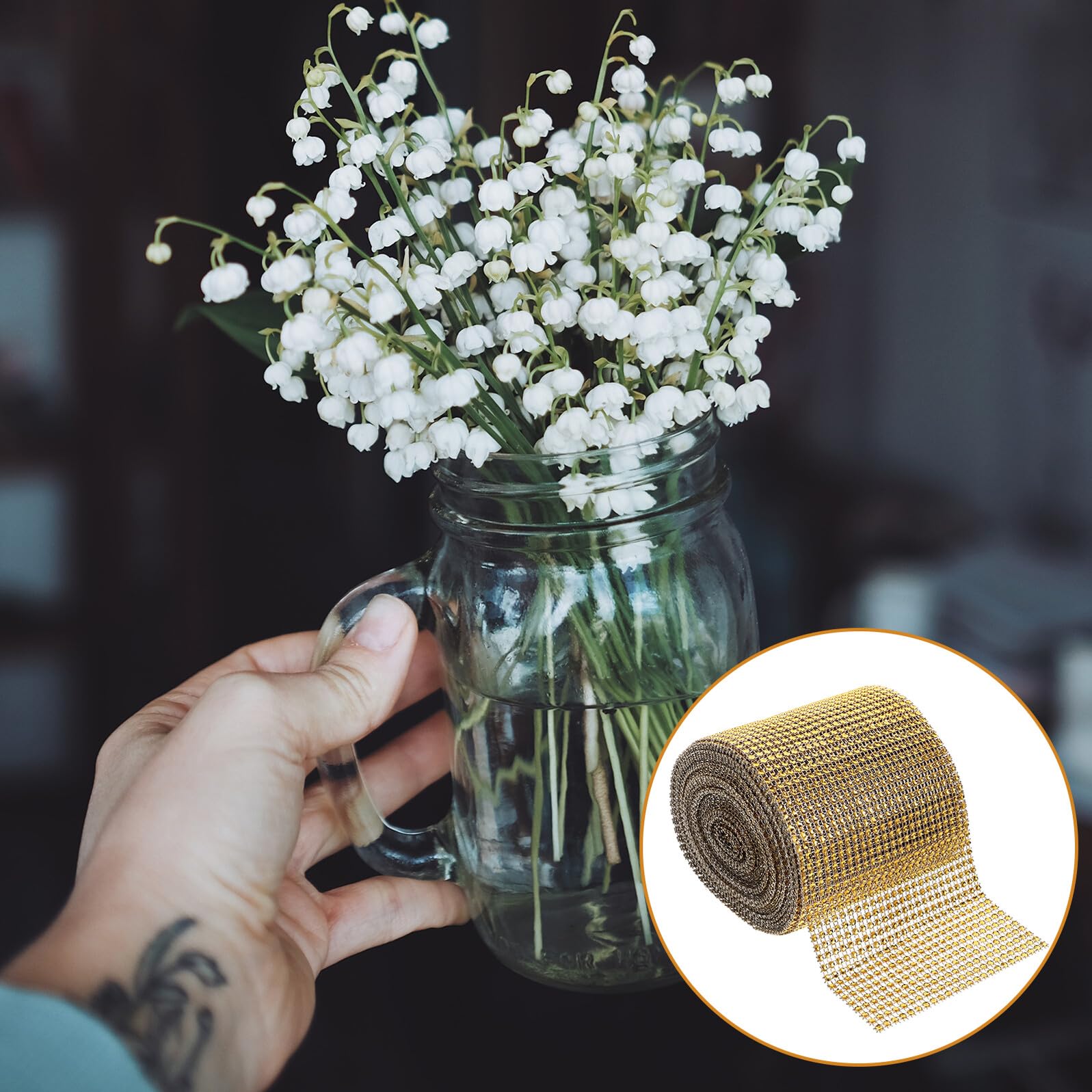 4 Rollen Glänzendes Strassbandrolle 24 Reihen 10 Yard Selbstgemacht Bastelband für Hochzeit Deko Goldfarbenes Strass Band zum Verzieren von Kleidung und Heimdeko