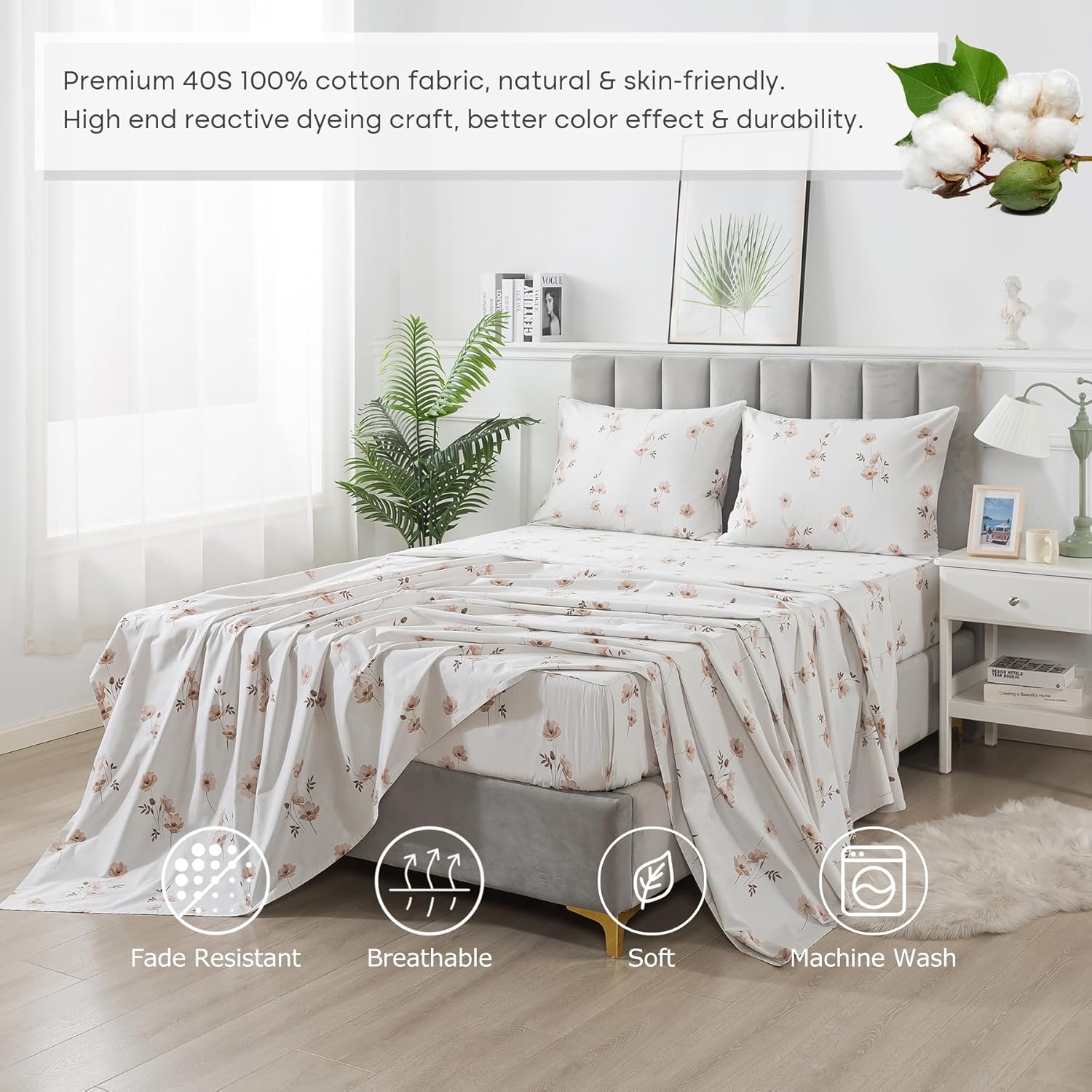 Lemfux Sheet Set 100% Cotton 4 Piece Tan Floral Pattern White Botanical Deep Pocket 17.5", Soft Breathable Bed Sheets, Farmhouse Twin 1 Flat Sheet, 1 Fitted Sheet 39"x75", 2 Pillowcases 20"x29"