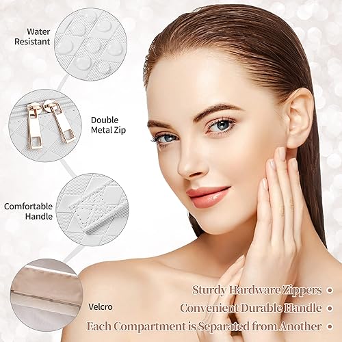 Miniatura 3 de SFXULIX Bolsa de maquillaje  Bolsa de cosméticos de viaje de gran capacidad, bolsa de cosméticos impermeable de piel sintética, bolsa de maquillaje