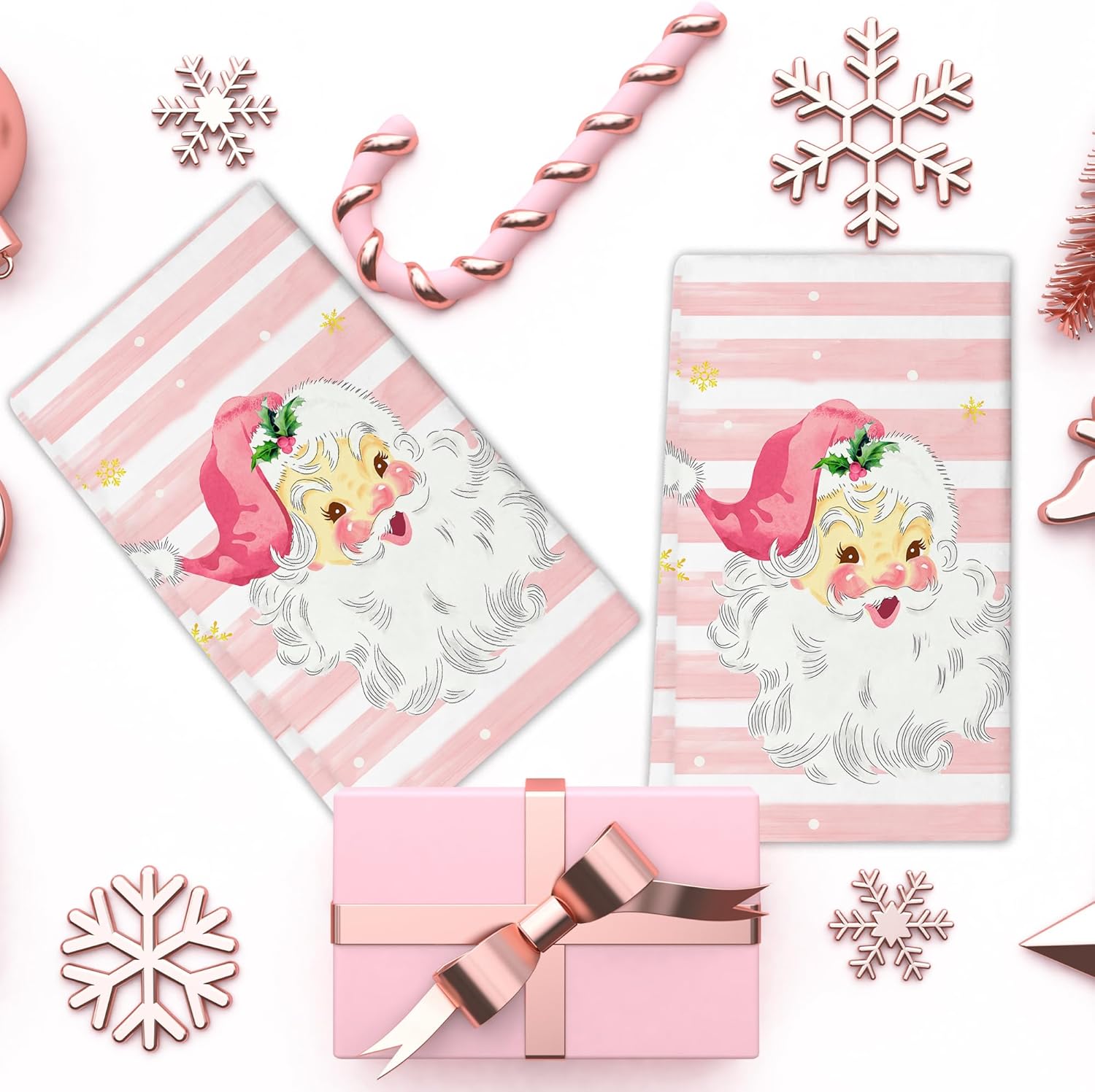 Xmas Santa Claus Kitchen Dish Towels, 2 PC Winter Christmas Decoration Hand Towels, Snowflake Pink Stripes Tea Towels, 26x18 Inch Hand Towels for Cooking Baking - Image 6