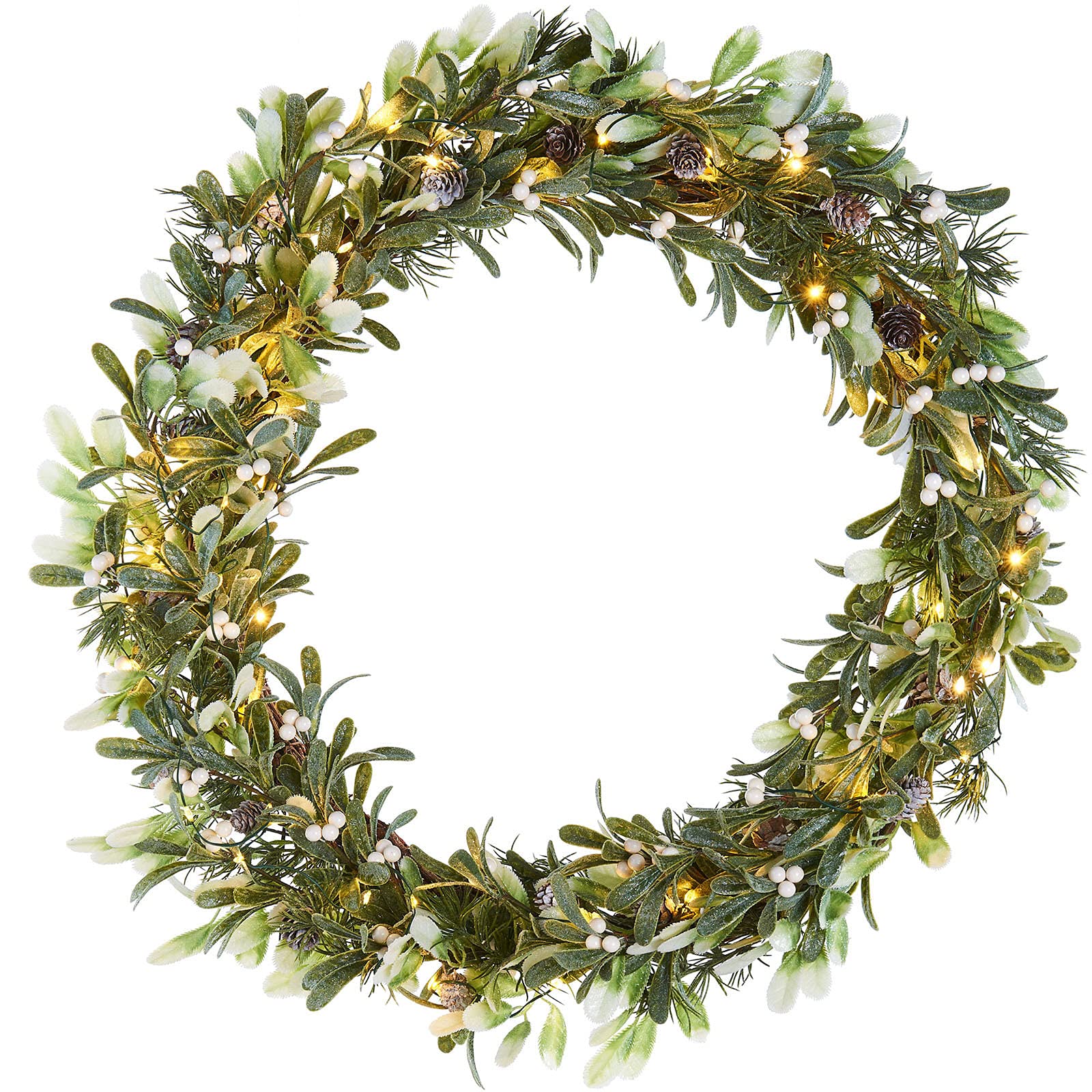 WeRChristmasPre-Lit Frosted Mistletoe Wreath, 50 Warm White LED Lights, Green, 76 cm