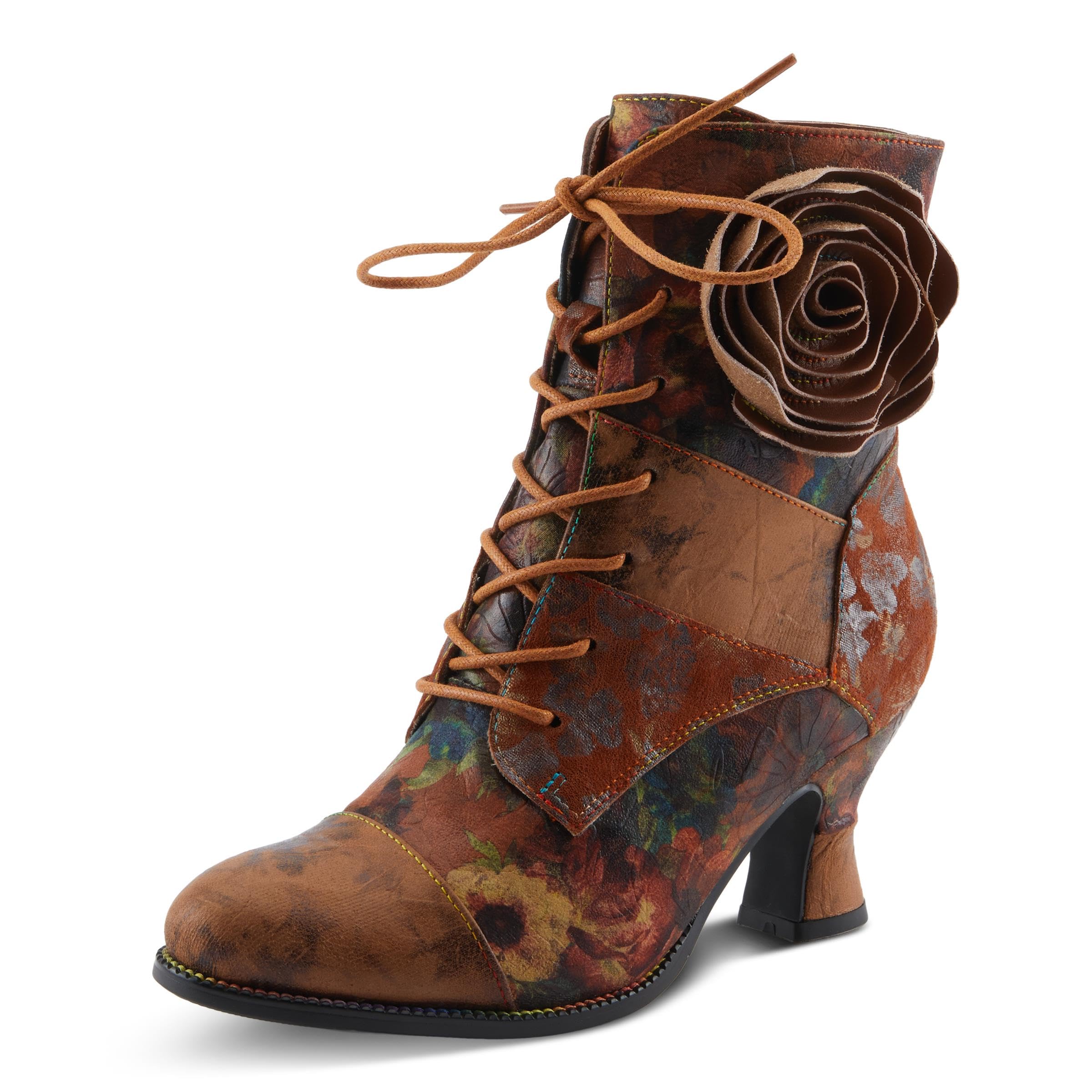 Spring Step LArtiste Roselia-Flow Heeled Booties Baroque-Inspired Leather Lace-Up Boots with 3D Rose Accent