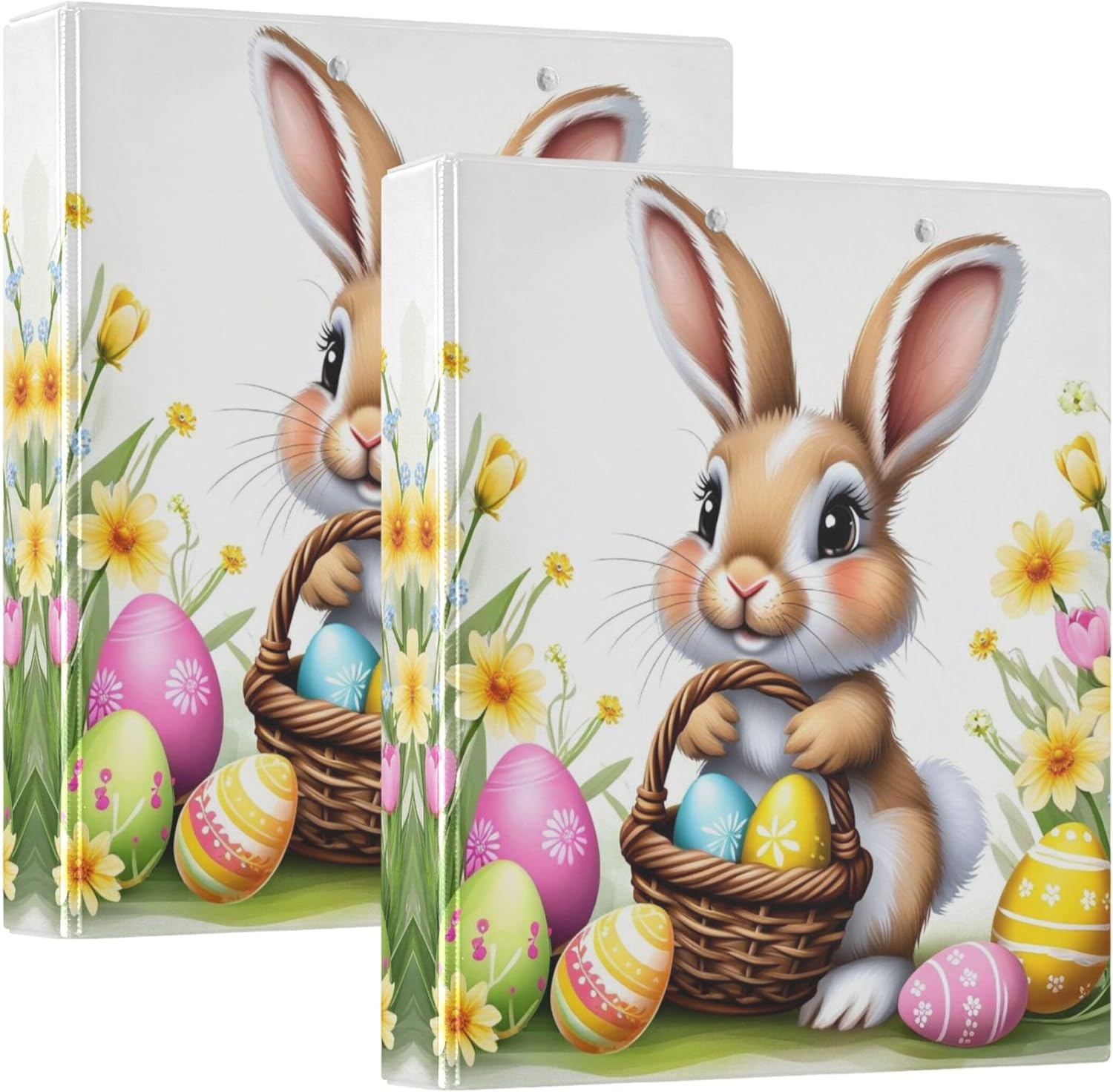 Happy Easter Bunny Eggs 3 Ring Binders, 1.5” Round Ring Binders with Clipboard - Letter Size, 3 Interior PVC Clear Pockets & Anti-Slip Clip for Office School Supplies, 2PCS