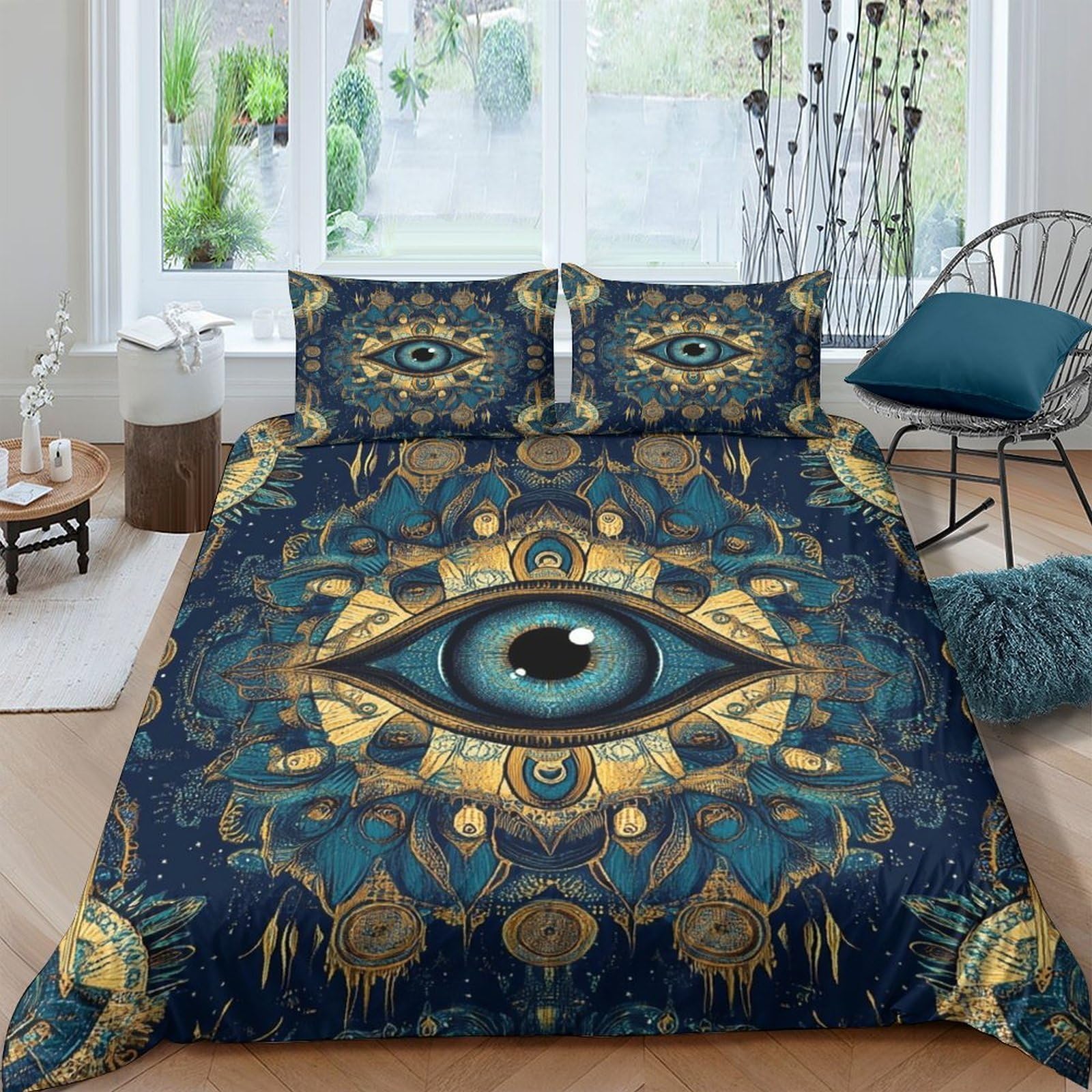 Ctjqhvkz Style-9 3D Printed Mandala Evil Eye Fitted Sheet Microfiber Navy Gold Abstract Bed Cover For Bedroom Guest Room Mattress Decor Single（135X200cm）