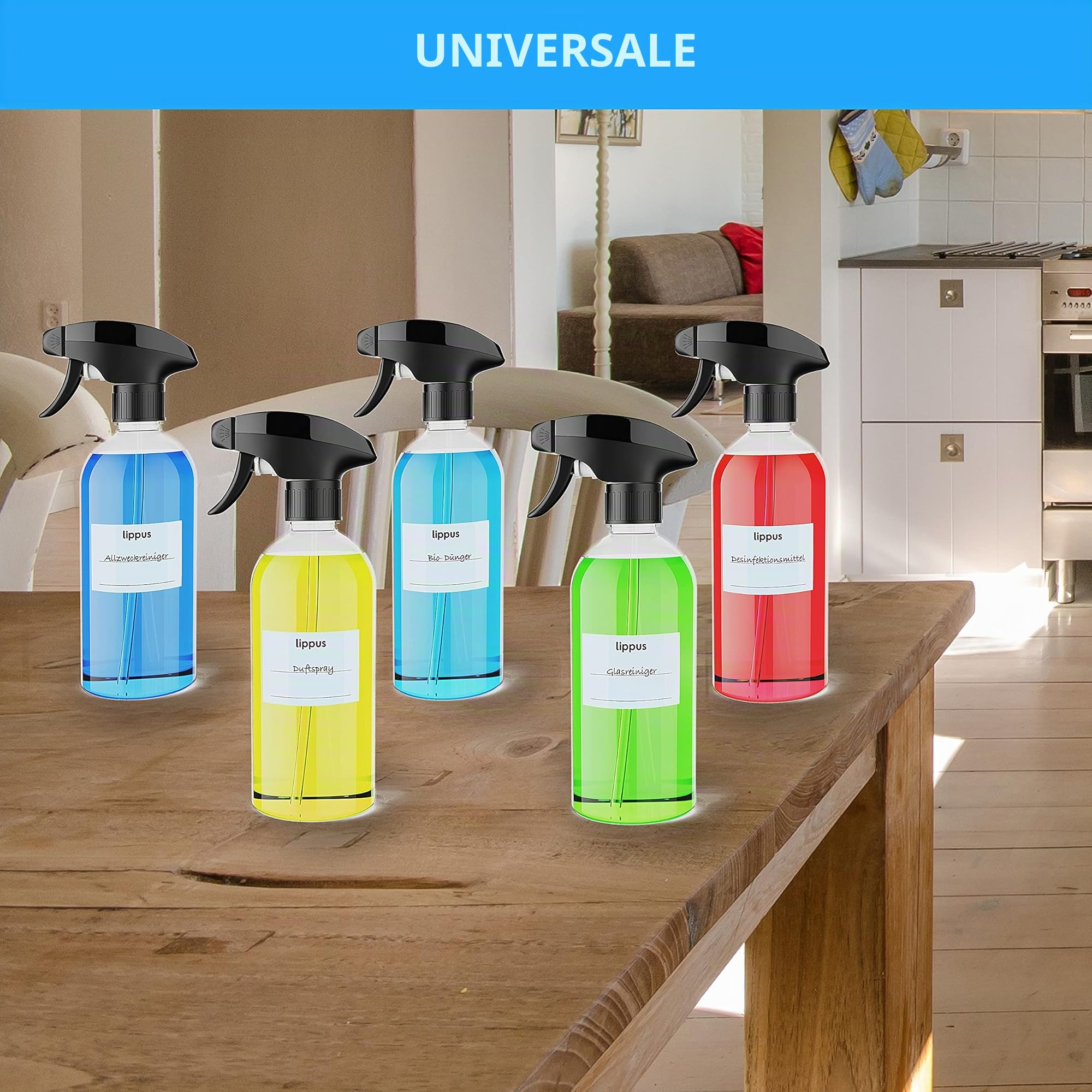 5 flaconi spray vuoti da 500 ml + etichette scrivibili - RPET (riciclato) - 3 modalità di spruzzatura - Extra stabile e durevole - Ideale per prodotti di pulizia