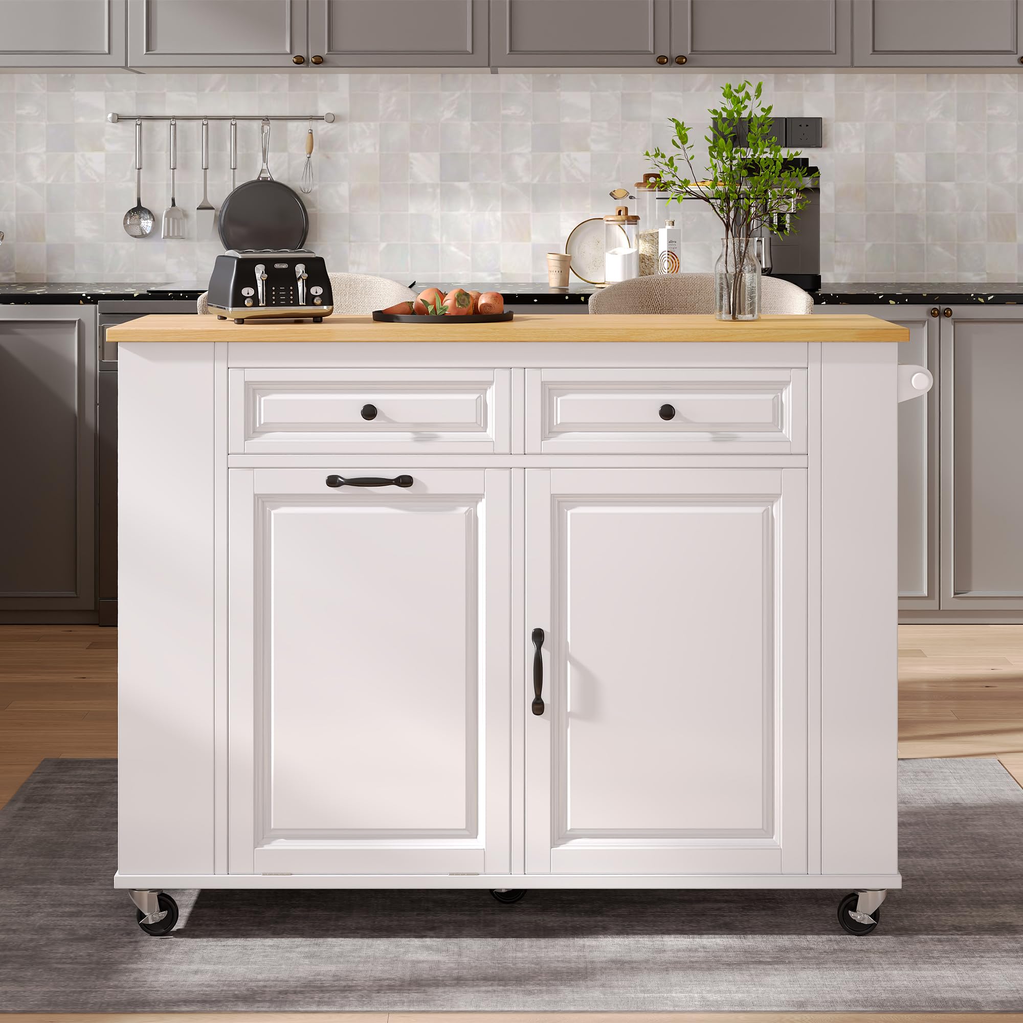 Isola da cucina su ruote, carrello da cucina con piano di lavoro pieghevole, tavolo da cucina con sistema di raccolta differenziata, ciabatte, ideale per cucina e sala da pranzo (bianco)