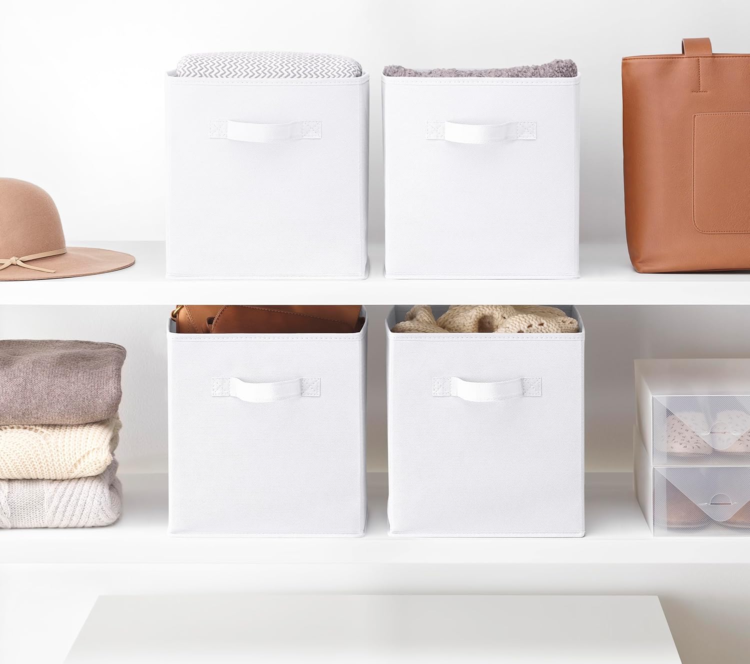 Whitmor 6 Pack 12 Inch Black Foldable Diamond-Patterned Faux Leather Storage Cube Bins with Handles – Ideal for Living Room, Bedroom & Office Organization