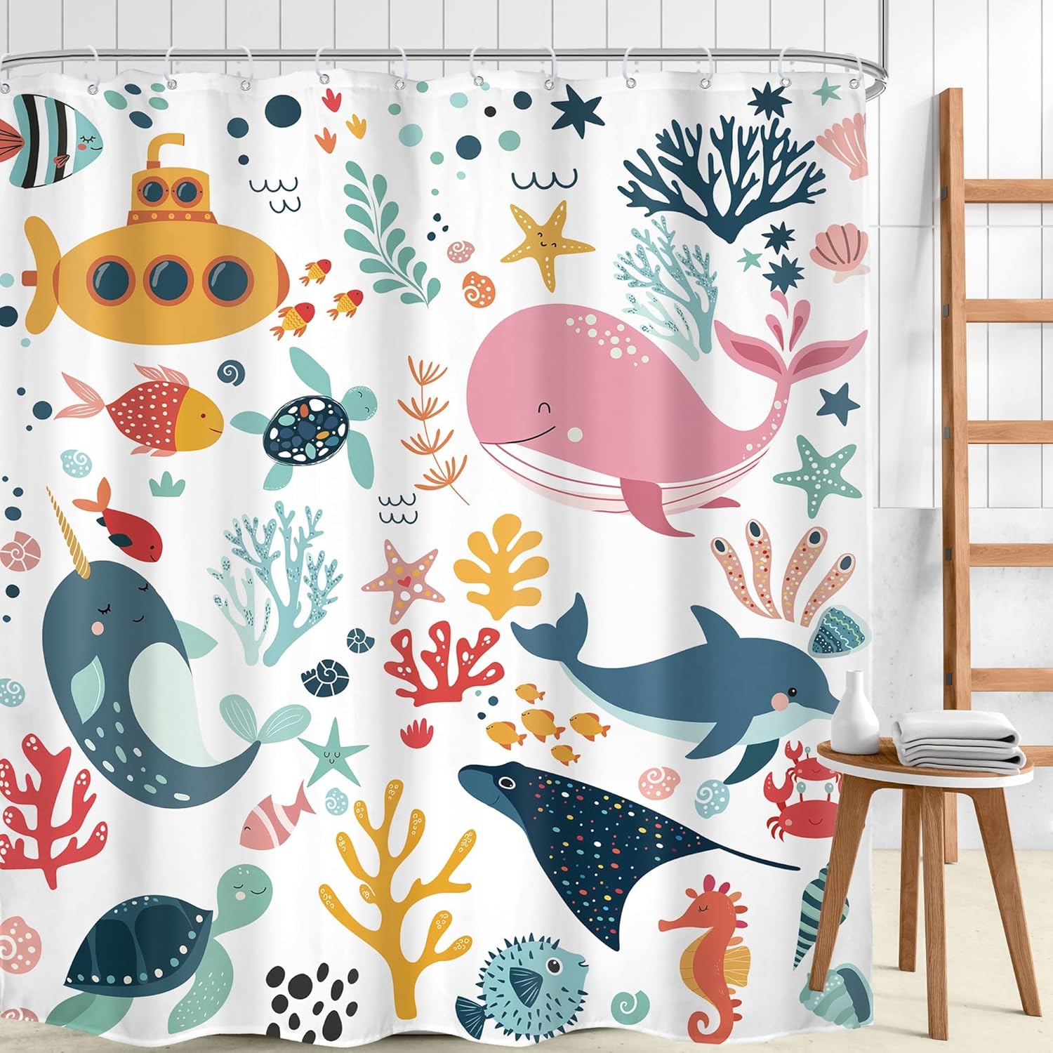 Kids Shower Curtain 72Wx84H Extra Long Ocean Cute Cartoon Whale Funny Kid Bathroom Decor Nursery Boys Girls Underwater Coastal Submarine Fish Animal Bath Curtain Fabric Polyester 12 Pack Hooks