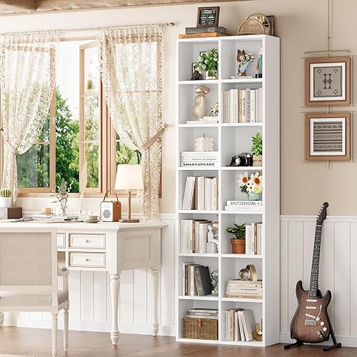 Miniatura 5 de FOTOSOK Estantería blanca de 71 pulgadas, estante de torre multimedia doble ancho para CD y DVD con estantes ajustables, estantería alta y estrecha