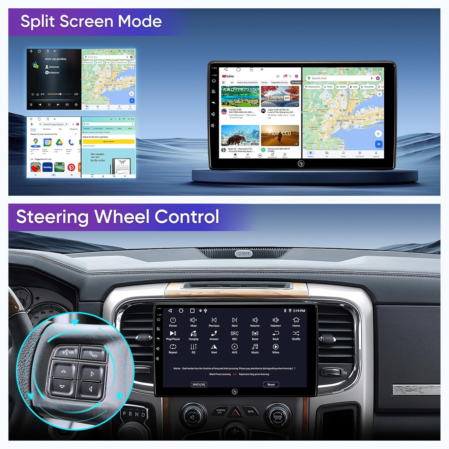 The car stereo screen in split-screen mode, showing navigation and a media player simultaneously. Also shows a close-up of steering wheel controls.
