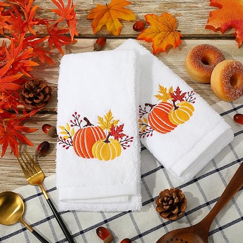 Miniatura 3 de AnyDesign Paquete de 2 toallas de mano de calabaza de algodón bordado de calabaza hojas de arce decorativas para otoño, Acción de Gracias, baño,