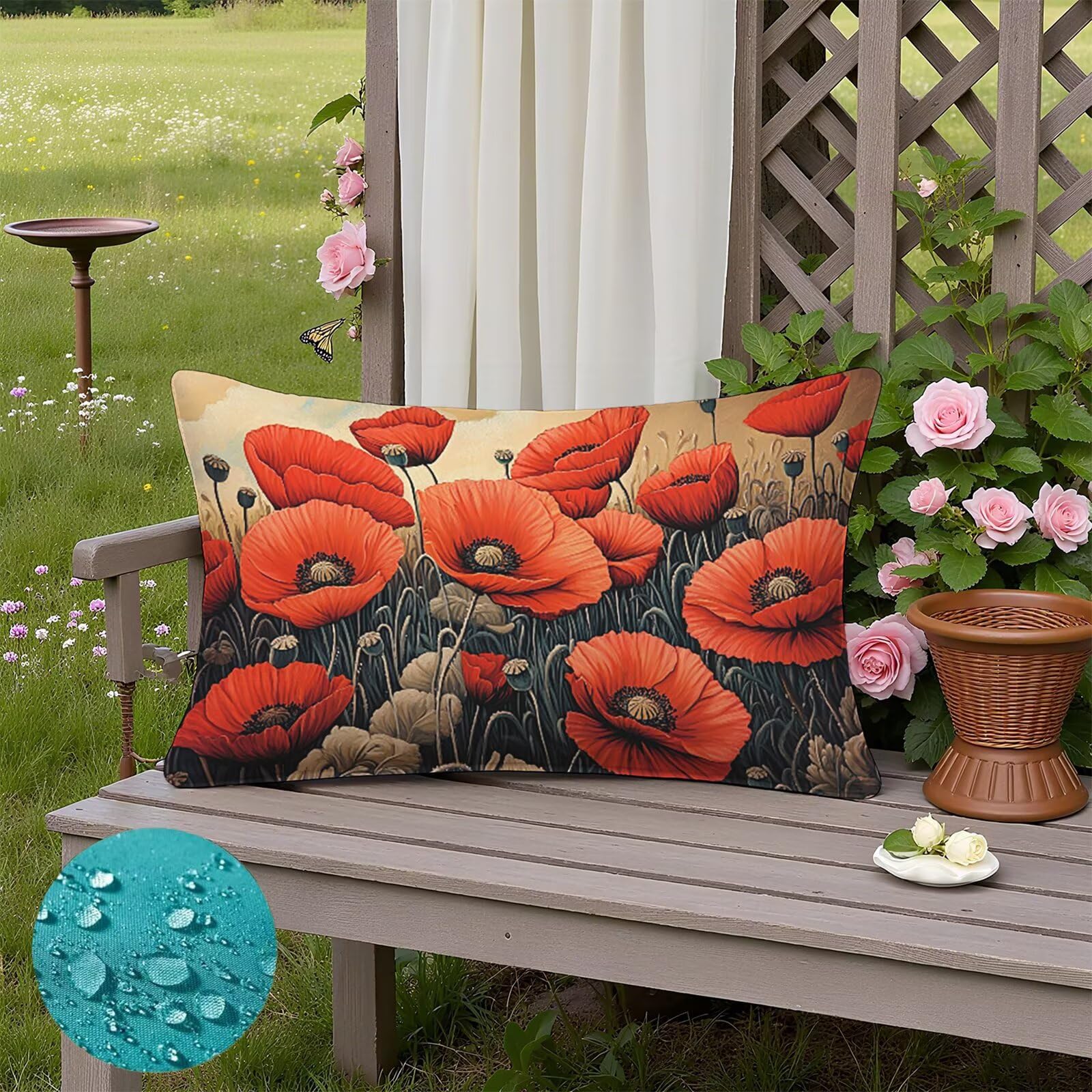 Poppy Poszewki na poduszki 70 x 90 cm, lniane, czerwone, wodoodporne, miękkie, wygodne, na zewnątrz, dekoracyjne poszewki na poduszki na sofę, łóżko, samochód, zestaw 2 poszewek na poduszki, idealna