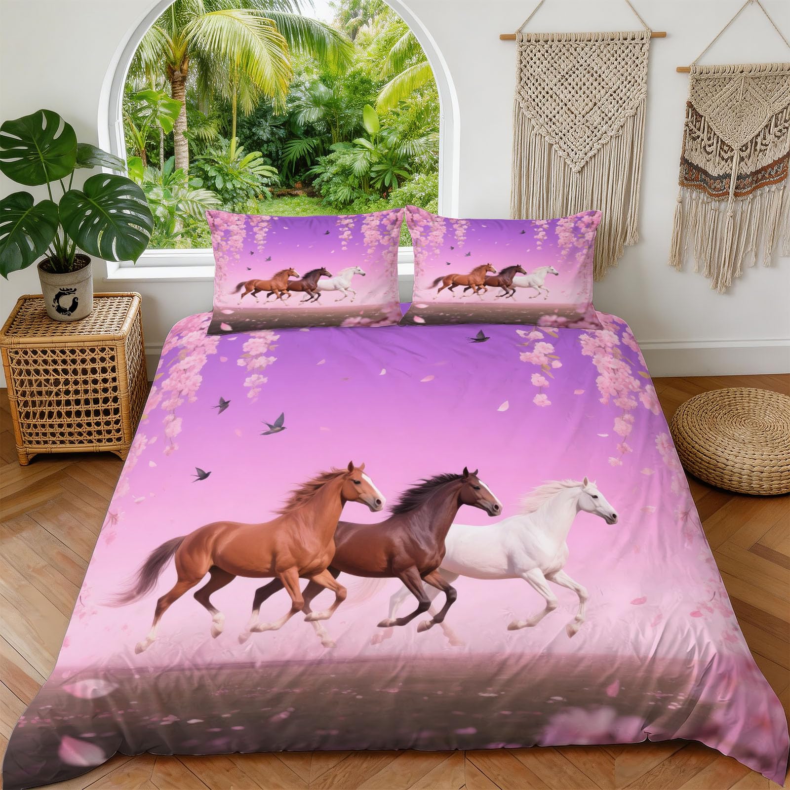 Bettwäsche 155x220 Pferde, Winter Weiche Mikrofaser 3D Kirschblüten Wendebettwäsche Set, Bettzeug mit 2 Kissenbezug, Bettwäsche Set Für Erwachsene
