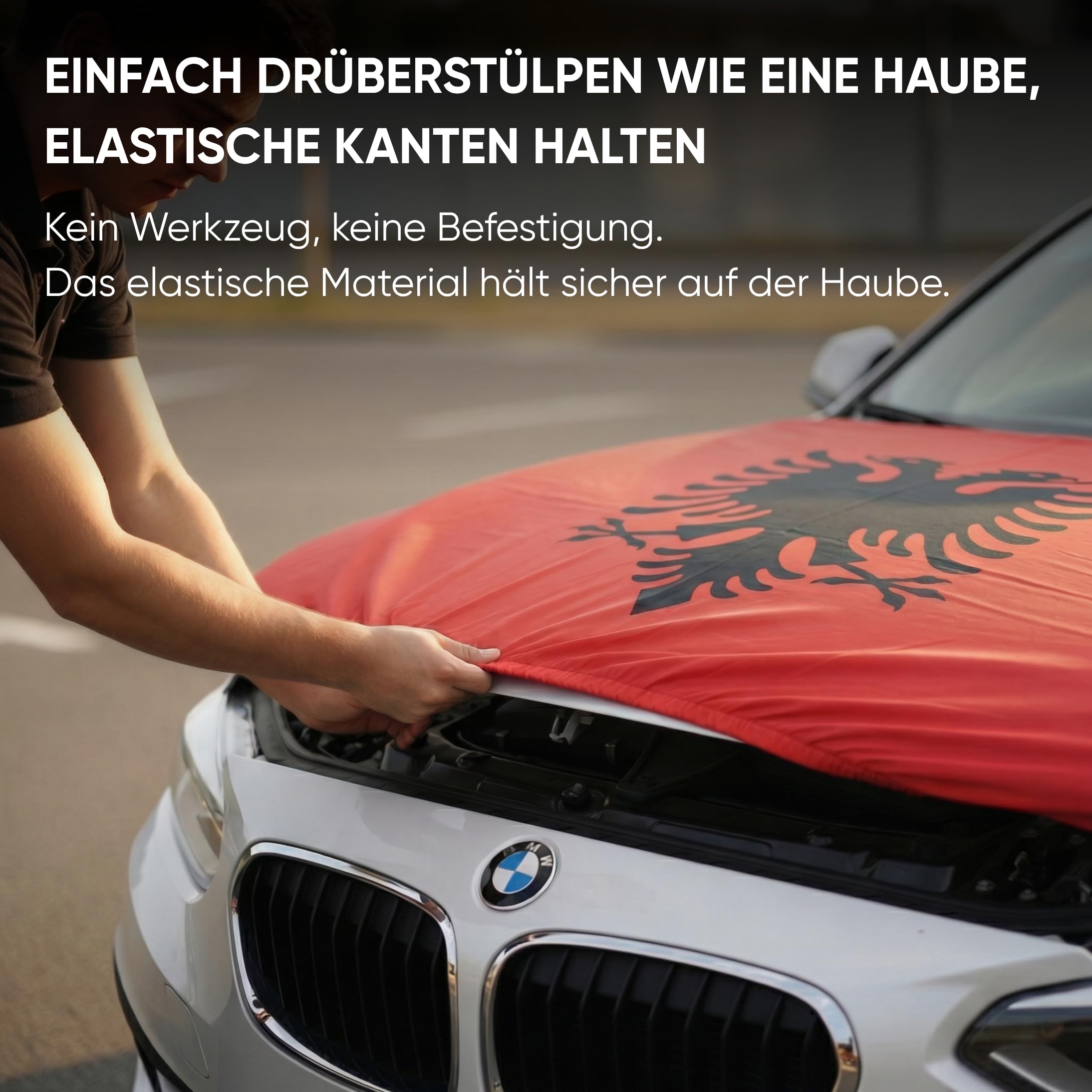 Auto Fahnen Albanien Set - Motorhauben Fahne & 2 Autofahnen für Fenster, Fußball Fanartikel FZG für EM & WM, Albanische Flagge Deko Set
