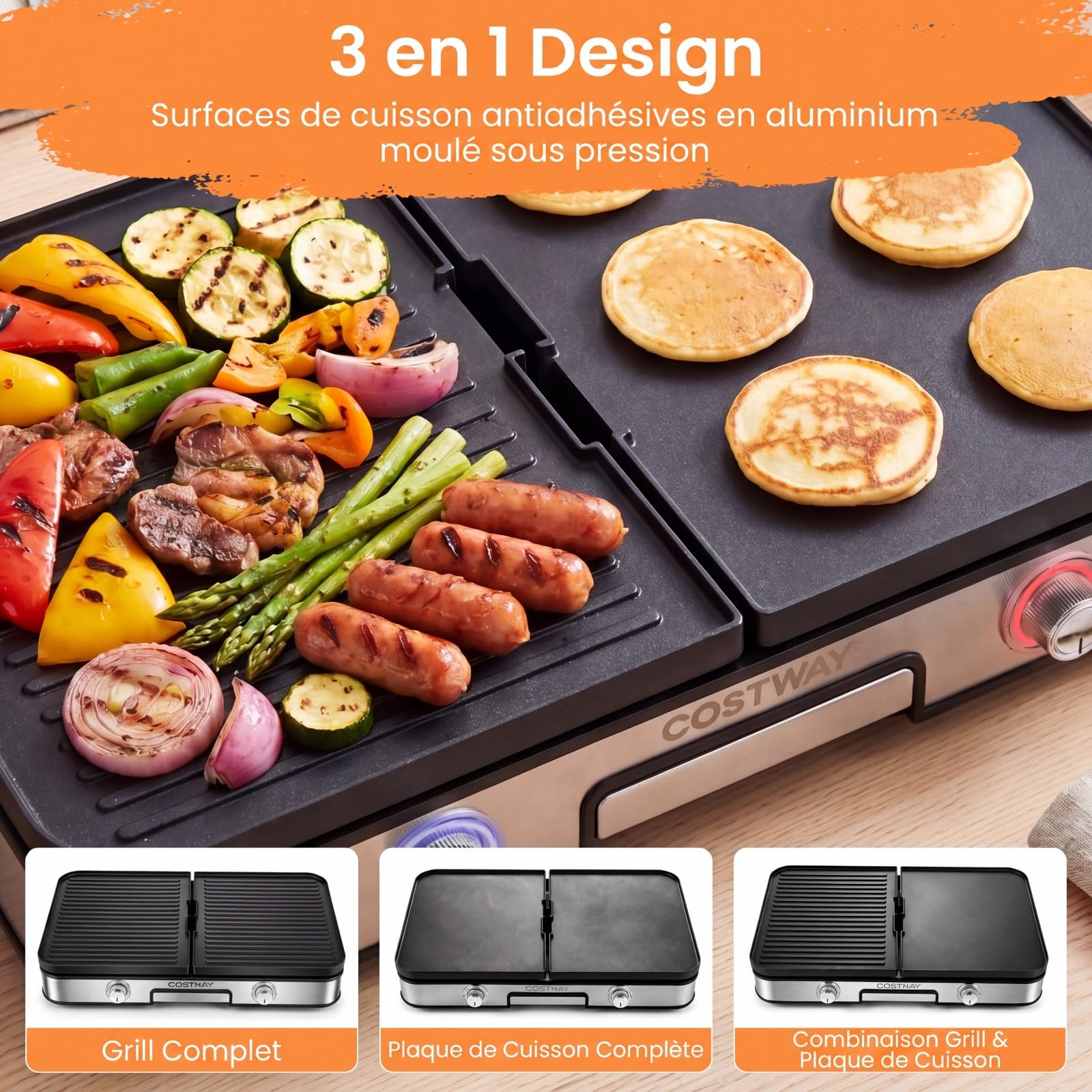 COSTWAY 3 en 1 Plancha Électrique 2000W, Double Zone, Plancha Grills avec 2 Plaques Réversibles, Protection Contre les Éclaboussures, Bac à Graisse Amovible, pour Intérieur et Extérieur