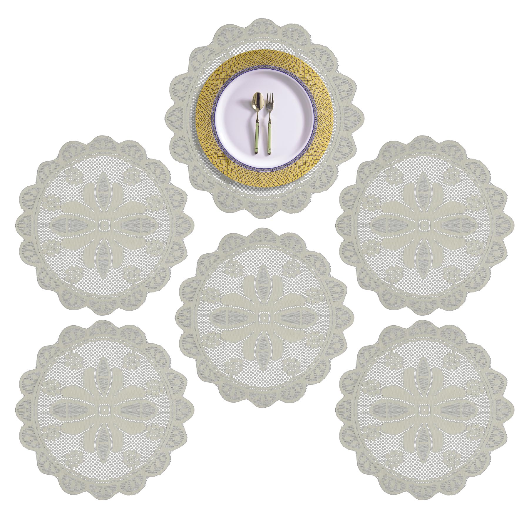 Kuber Industries Placemat | Dining Table Placemat | Round Plain Net Placemat Set | Side Table Placemats | 20 Inch | Pack of 6 | Light Cream